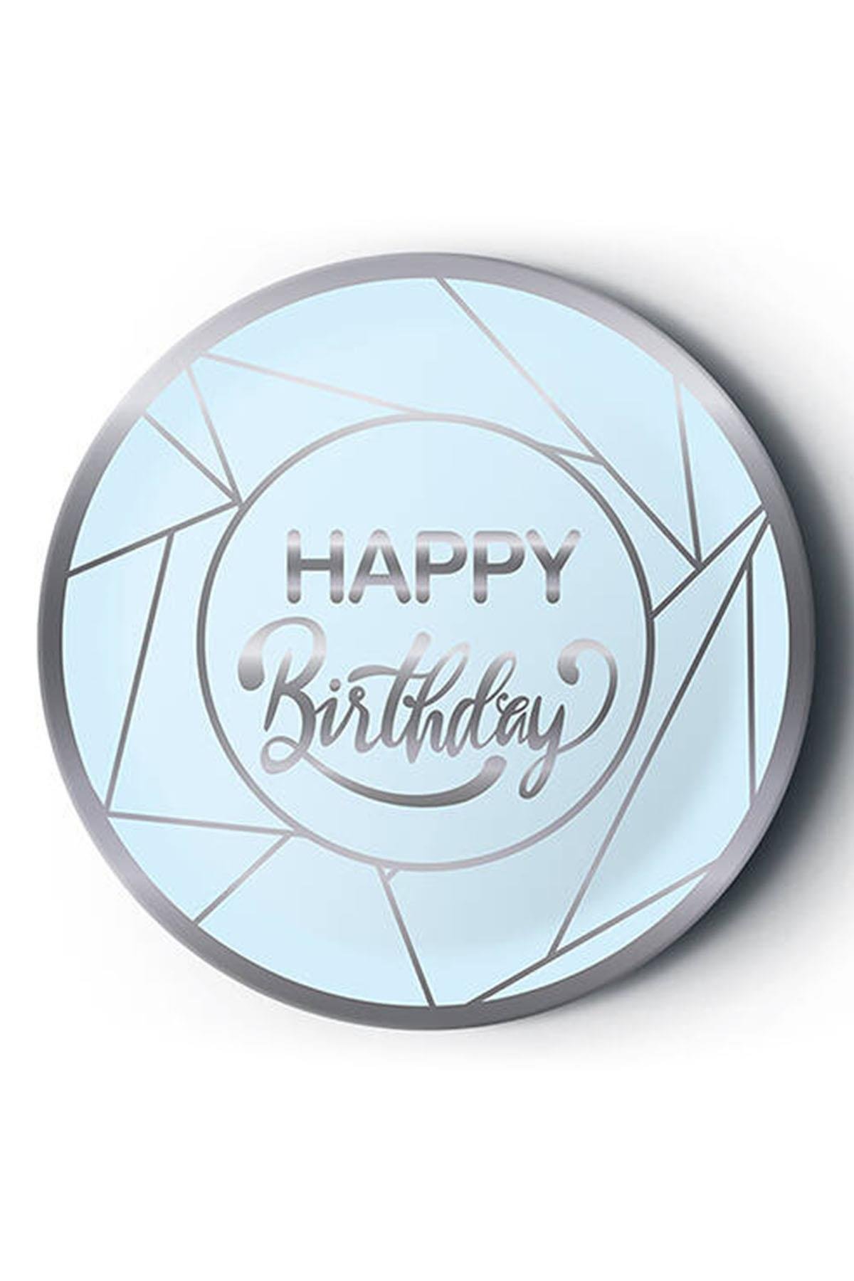 Gümüş Happy Birthday Yaldız Baskılı Karton Tabak Mavi 23 cm 8'li