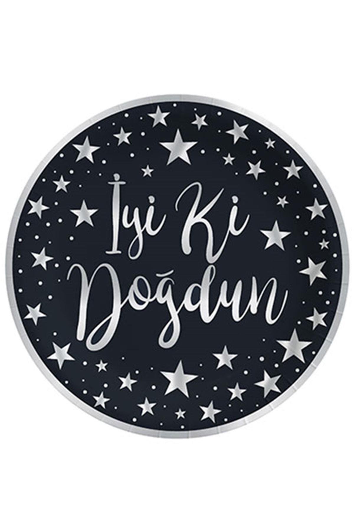 Gümüş İyi ki Doğdun Baskılı Siyah Karton Tabak 23 cm 8'li