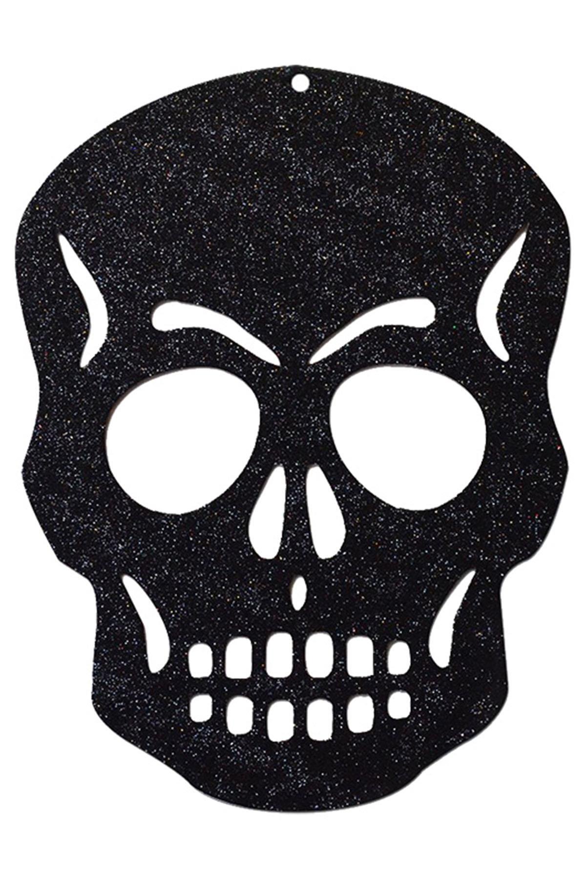 Halloween Asma Süs Simli Kuru Kafa 40 cm Siyah