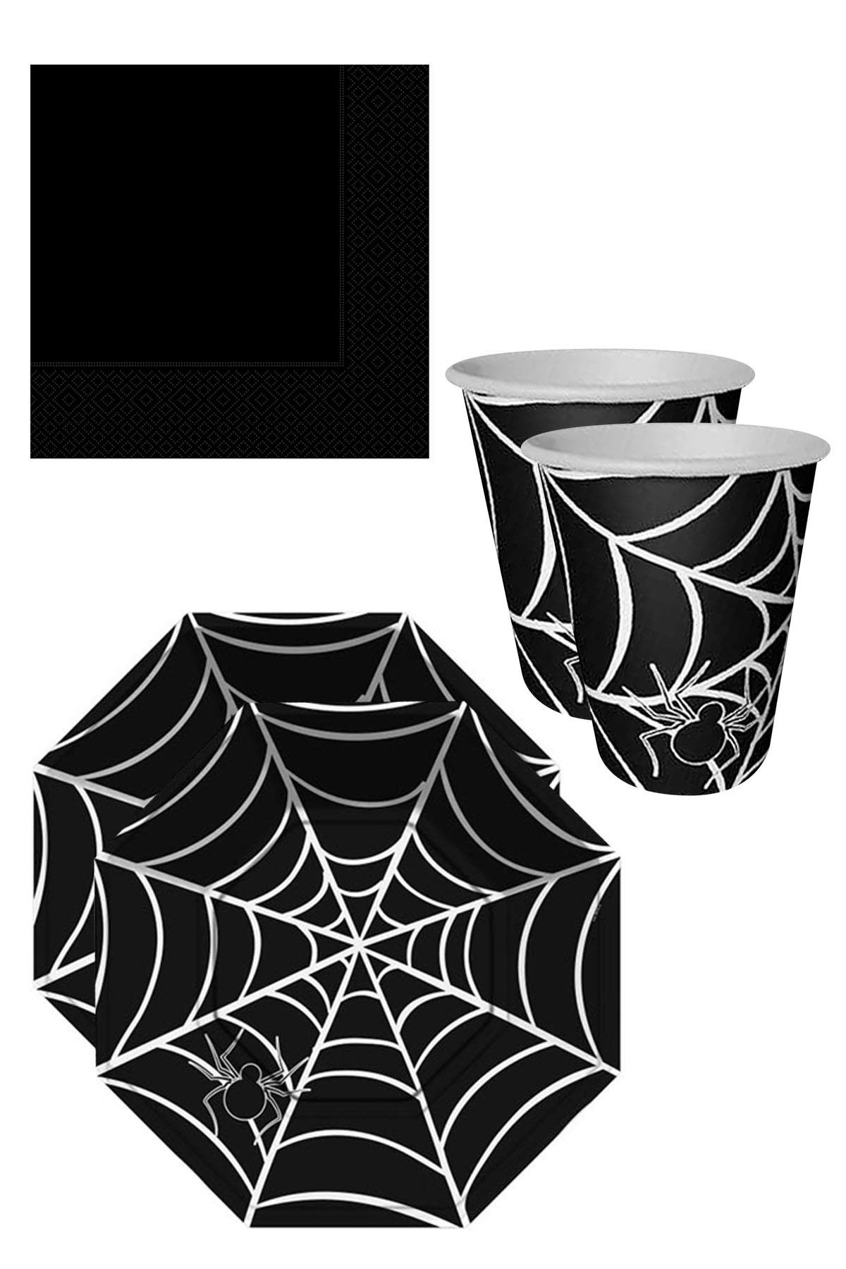 Halloween Siyah Örümcekli Sofra Seti 16 Kişilik