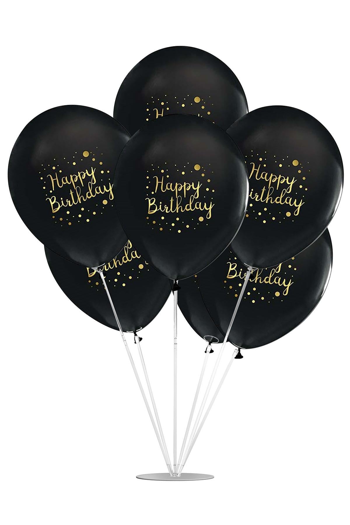 Happy Birthday Altın Baskılı Siyah Balon Stand Set 7'li