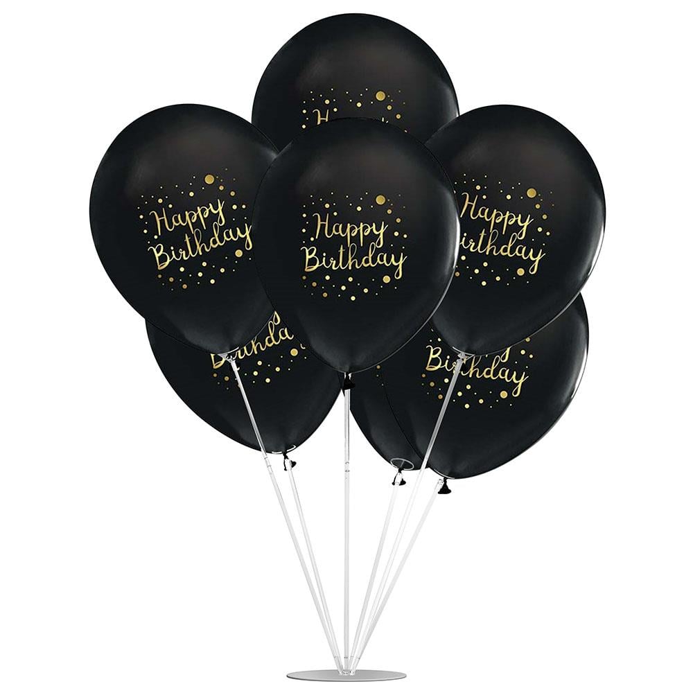 Happy Birthday Altın Baskılı Siyah Balon Stand Set 7'li