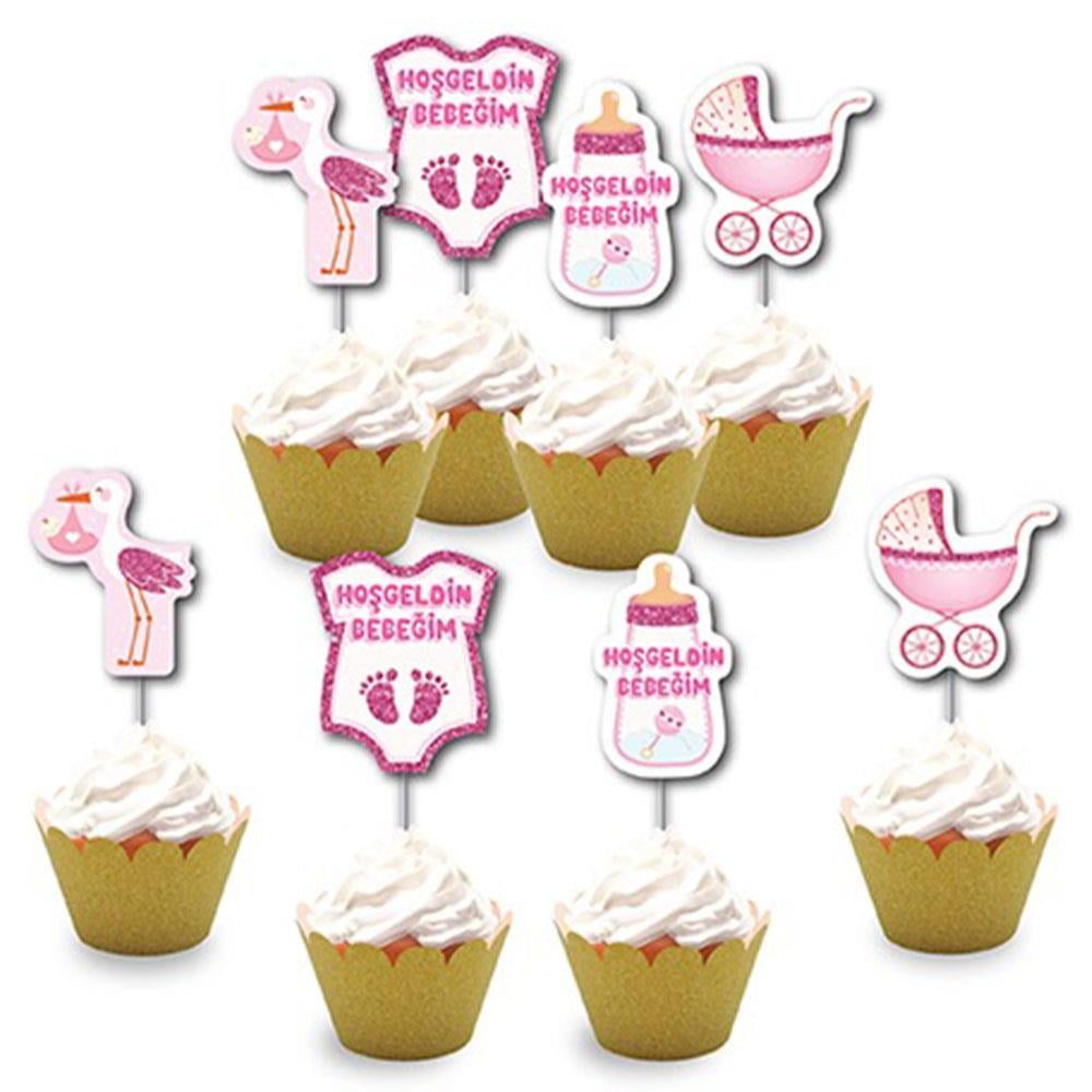 Hoşgeldin Bebeğim Pembe Simli Eva Delux Kürdan 8'li