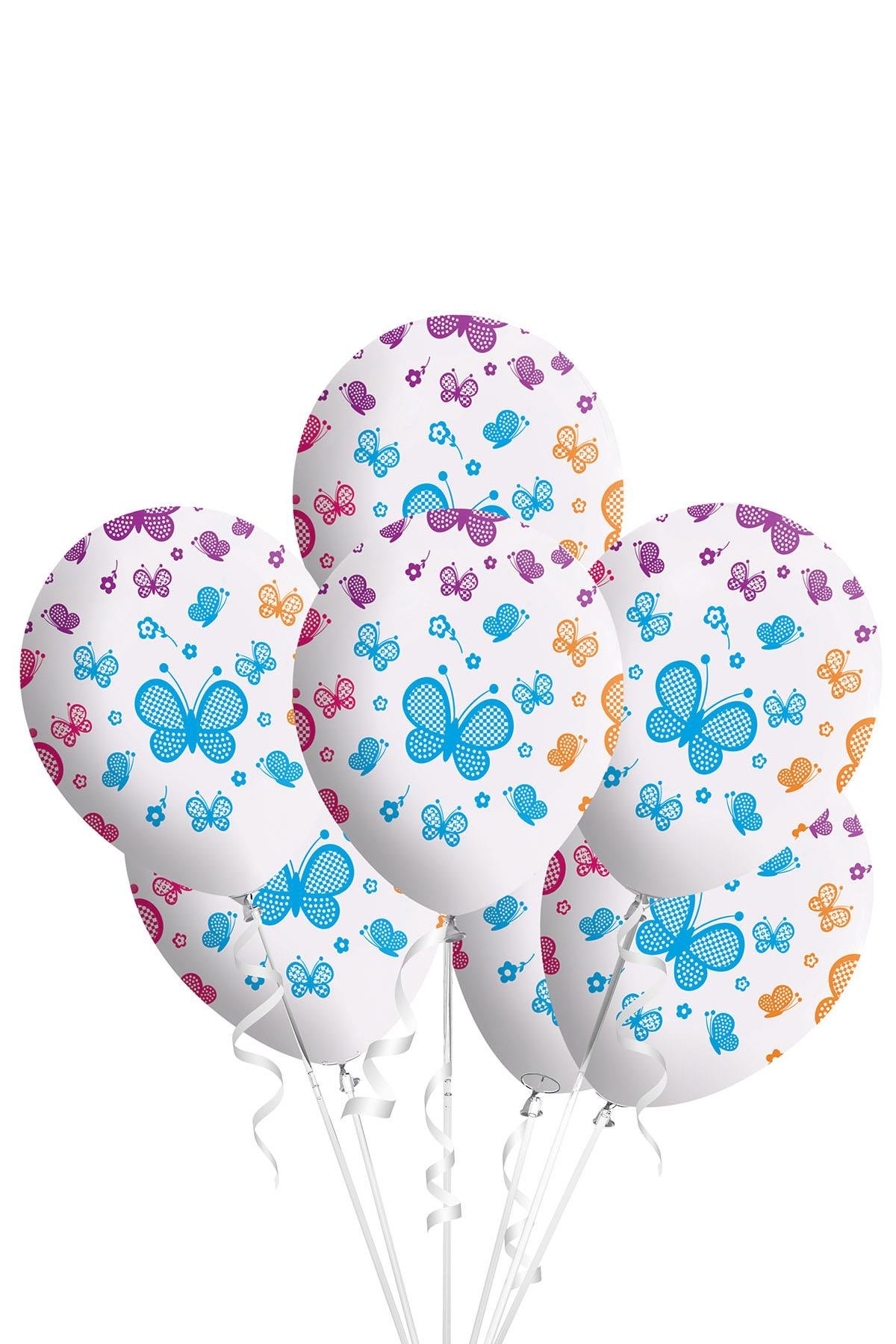 Kelebekler Baskılı Beyaz Lateks Balon 10'lu