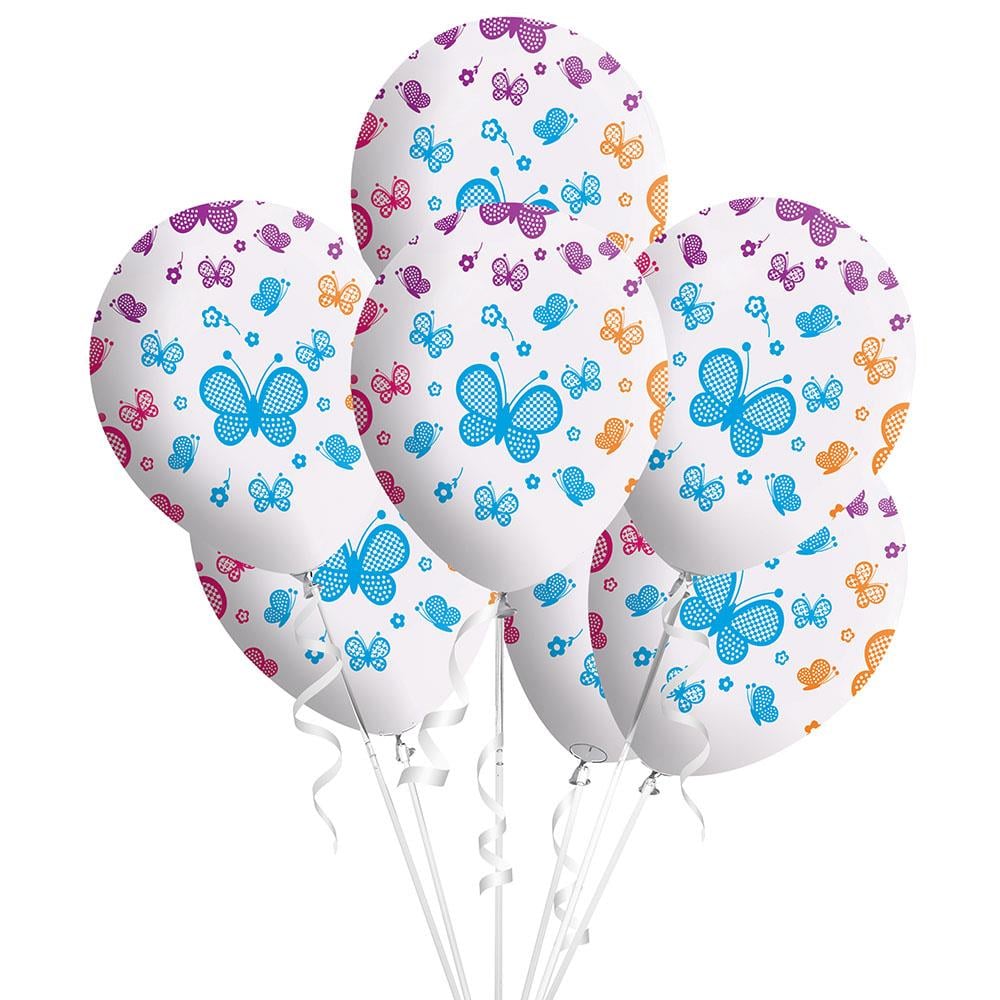 Kelebekler Baskılı Beyaz Lateks Balon 10'lu