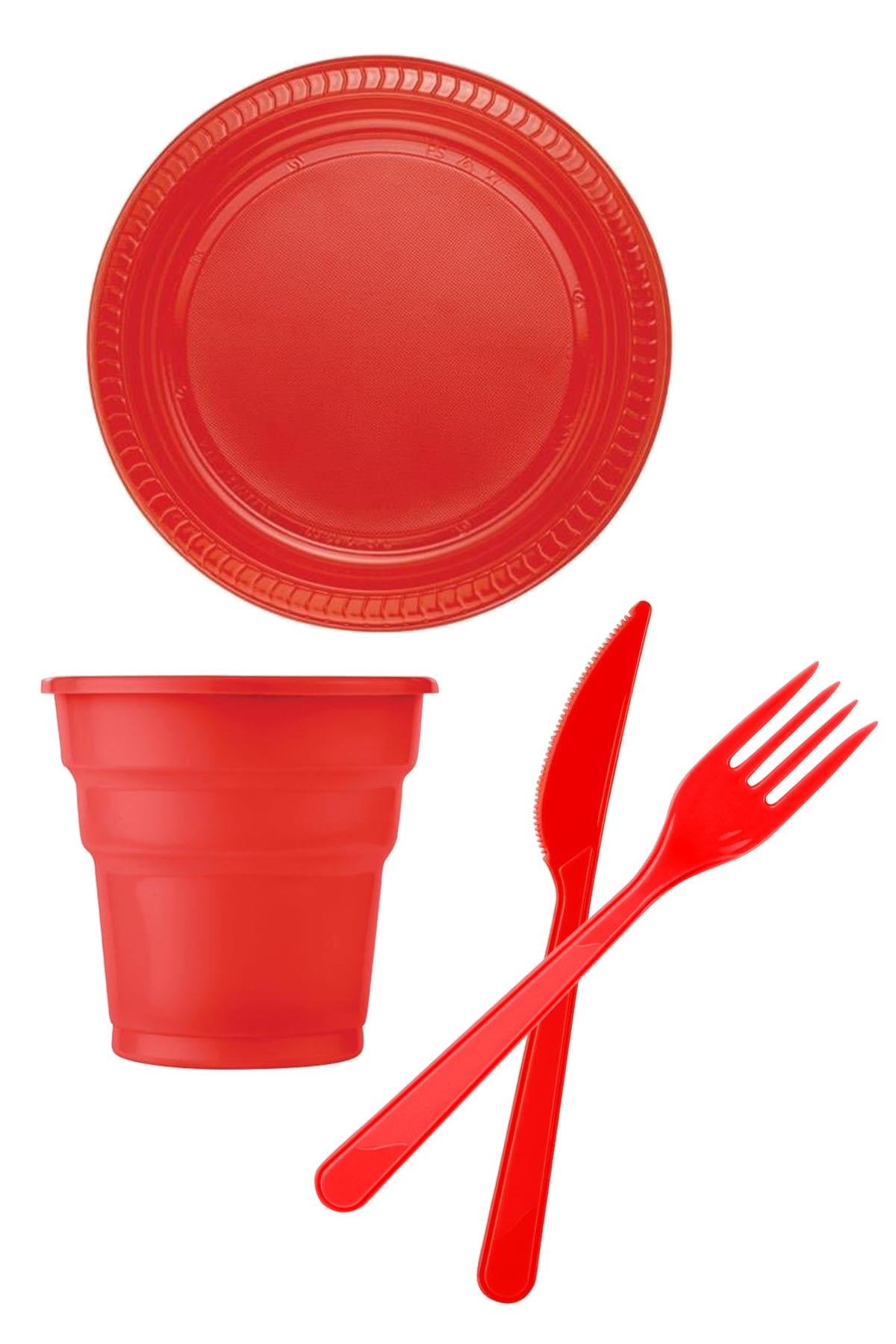 Kırmızı Plastik Sofra Seti 24 Kişilik
