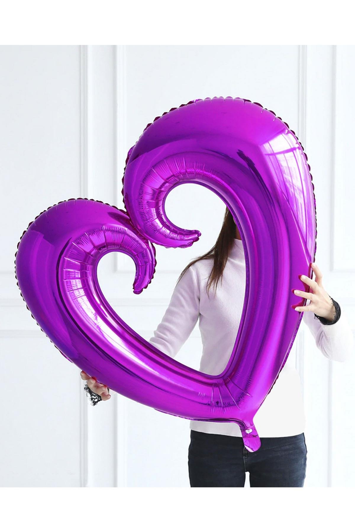 Kıvrımlı Kalp Folyo Balon Mor 90 cm