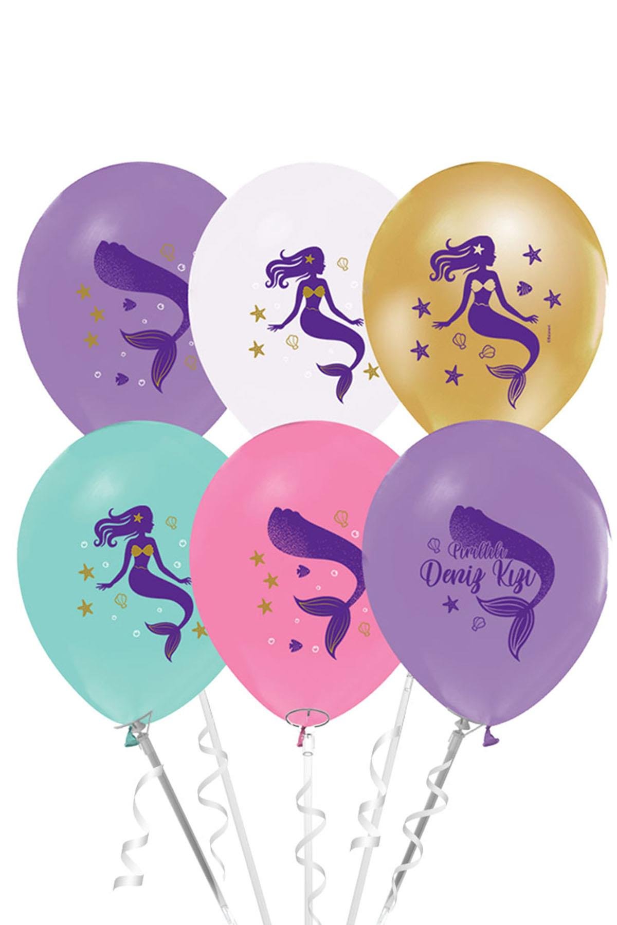 Pırıltılı Deniz Kızı Baskılı Lateks Balon 10'lu