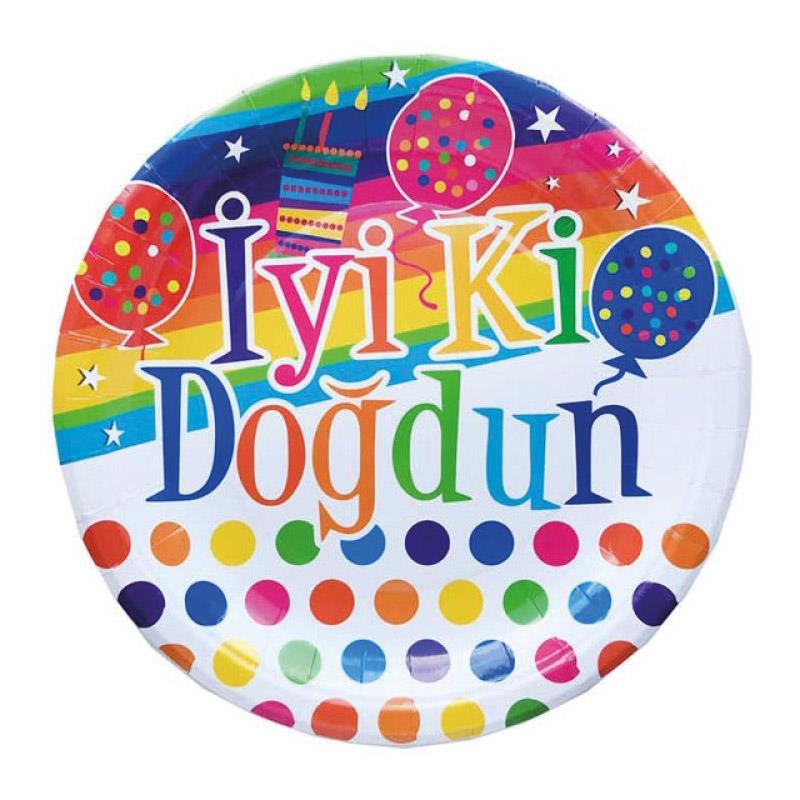 Renkli İyi ki Doğdun Karton Tabak 23 cm 8'li