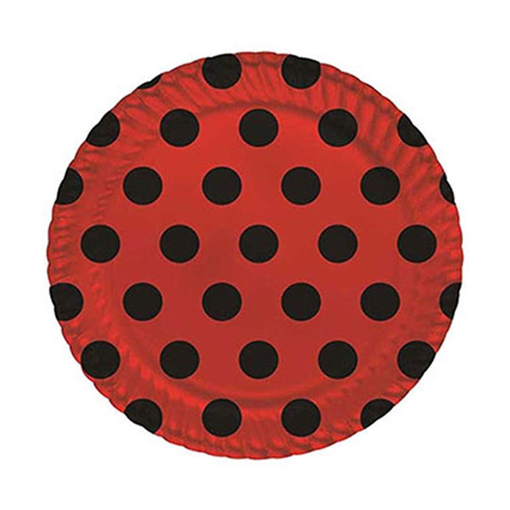 Siyah Puantiyeli Kırmızı Karton Tabak 23 cm 8'li