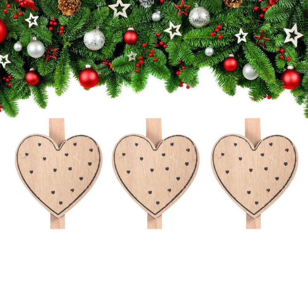 Yılbaşı Ahşap Desenli Kalp Dekoratif Mandal 6'lı