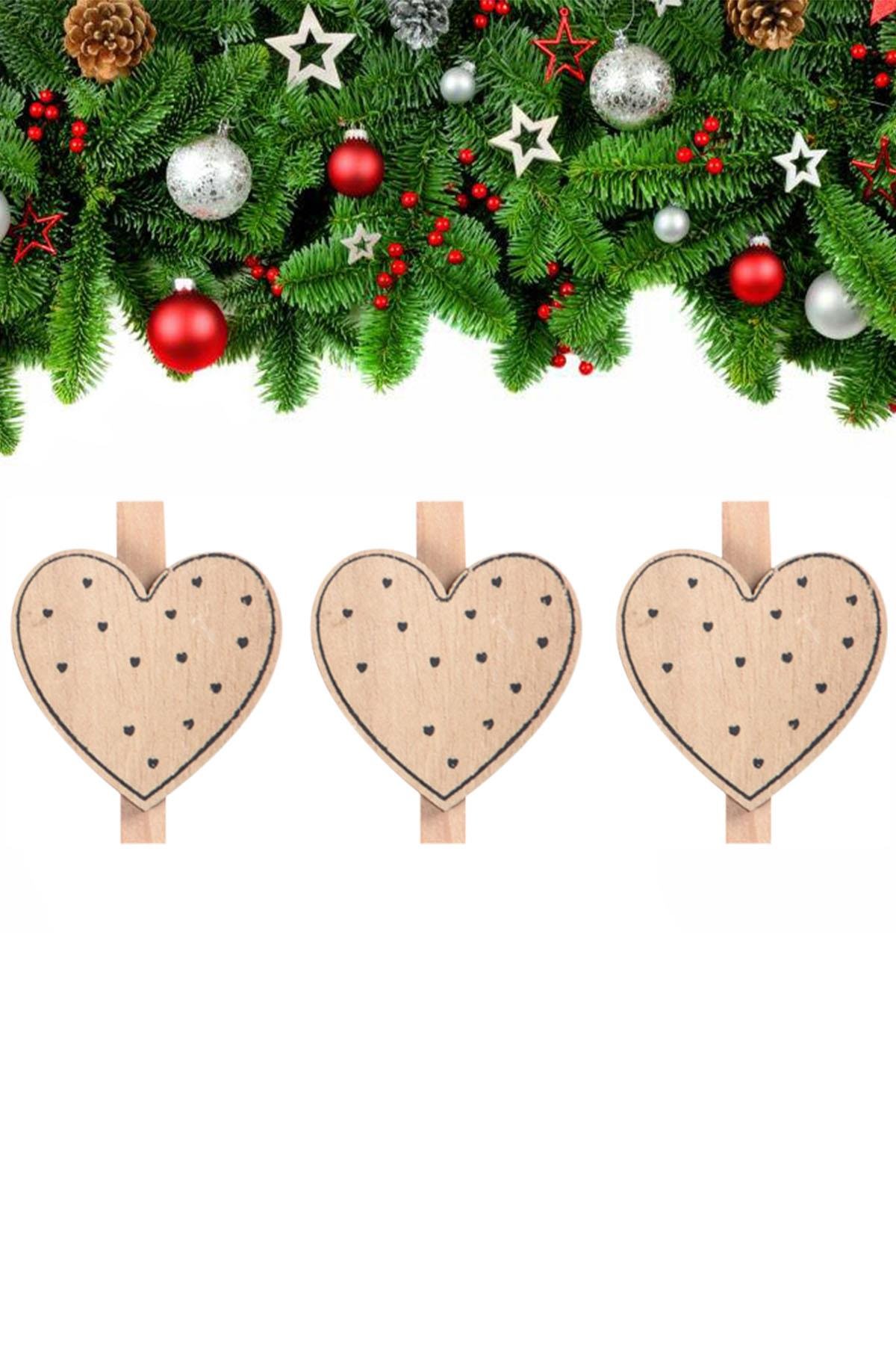 Yılbaşı Ahşap Desenli Kalp Dekoratif Mandal 6'lı