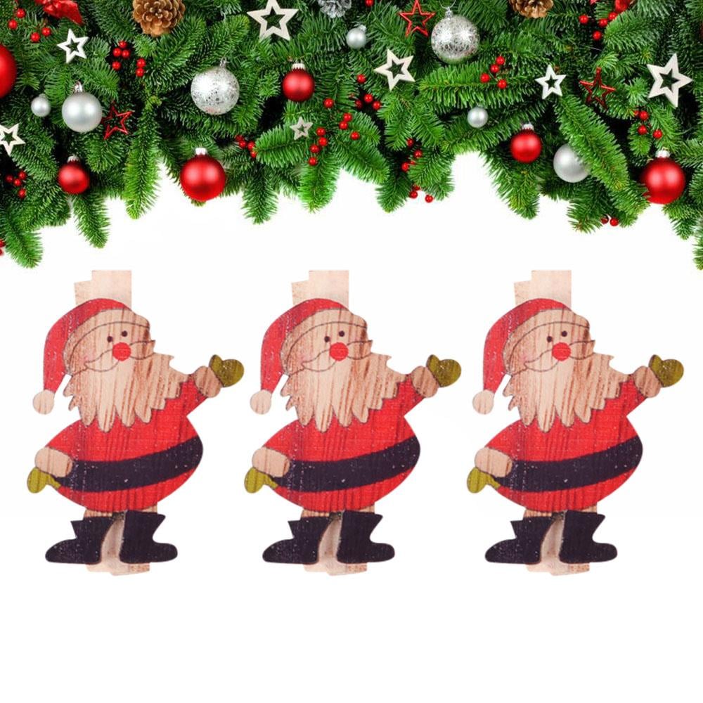 Yılbaşı Ahşap Desenli Noel Baba Dekoratif Mandal 6'lı