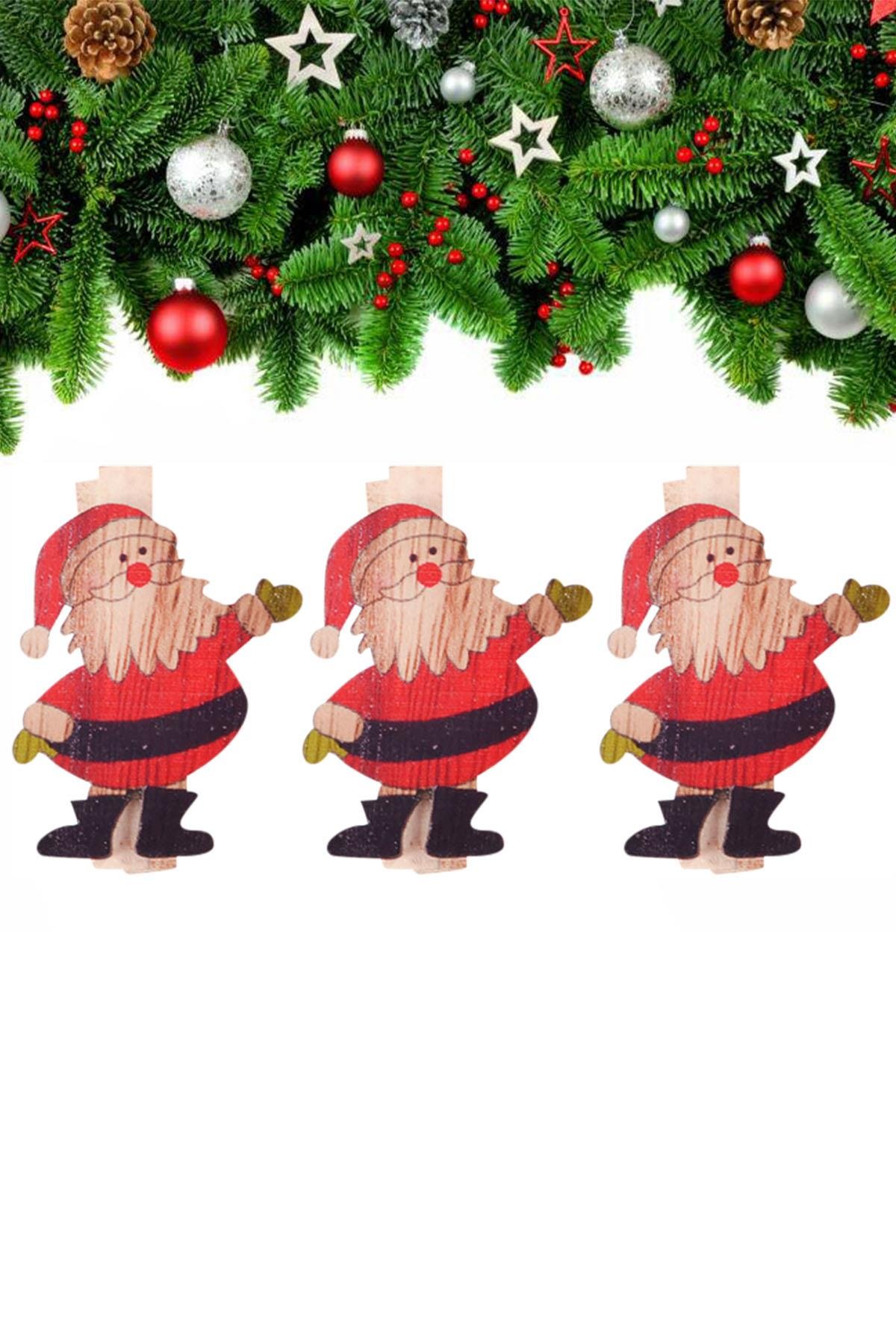 Yılbaşı Ahşap Desenli Noel Baba Dekoratif Mandal 6'lı