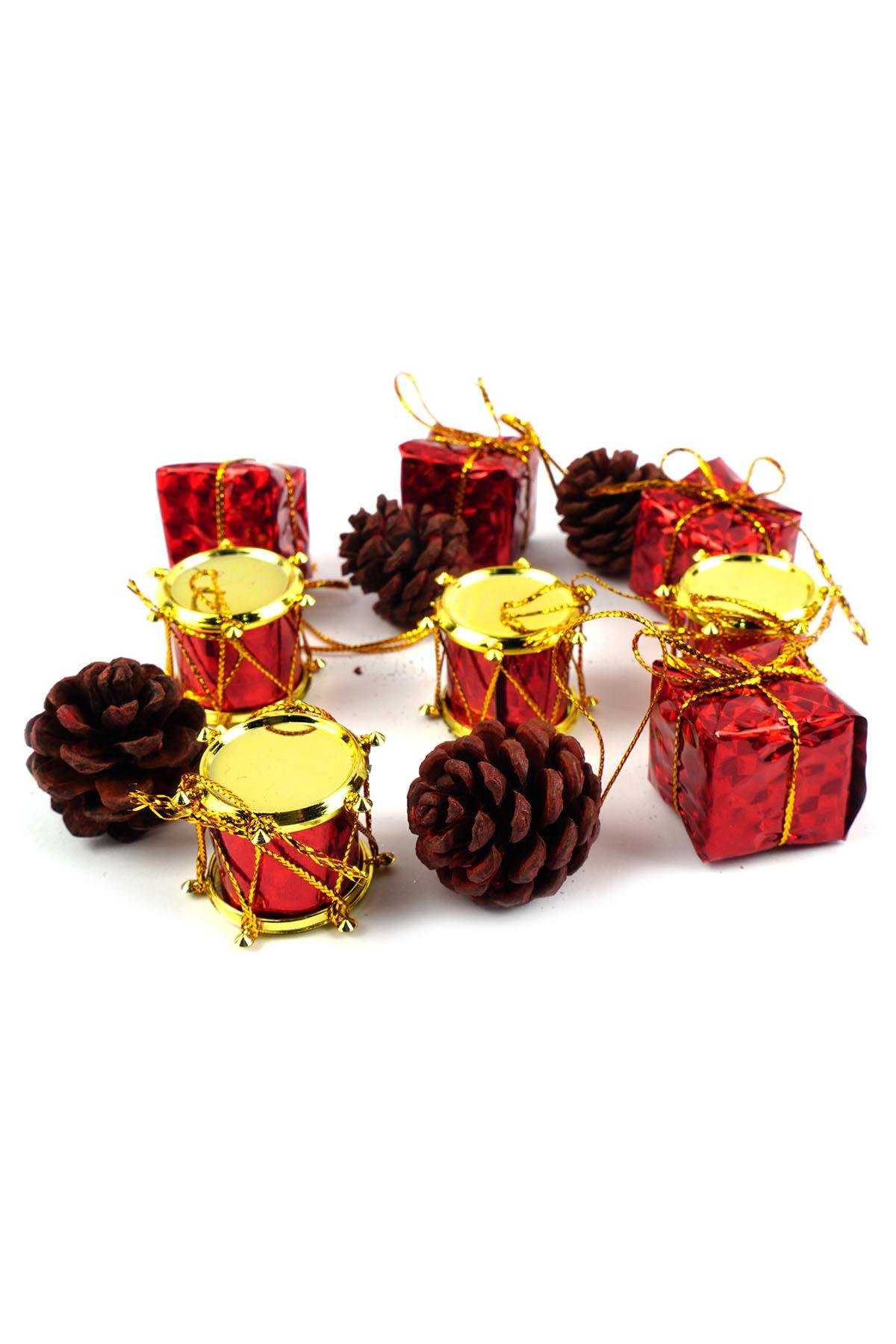 Yılbaşı Çam Ağacı Süs Seti Kırmızı 12'li