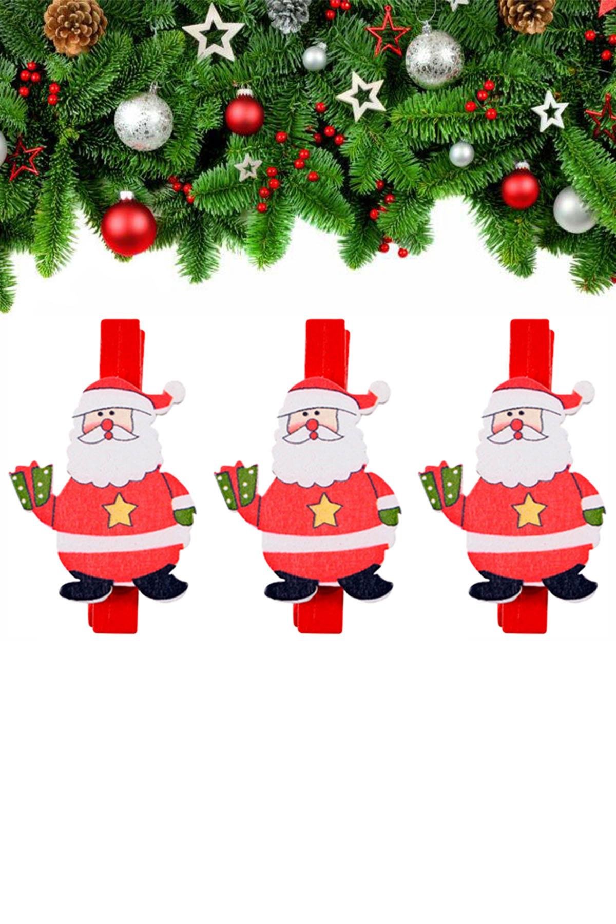 Yılbaşı Hediye Motifli Noel Baba Dekoratif Mandal 6'lı