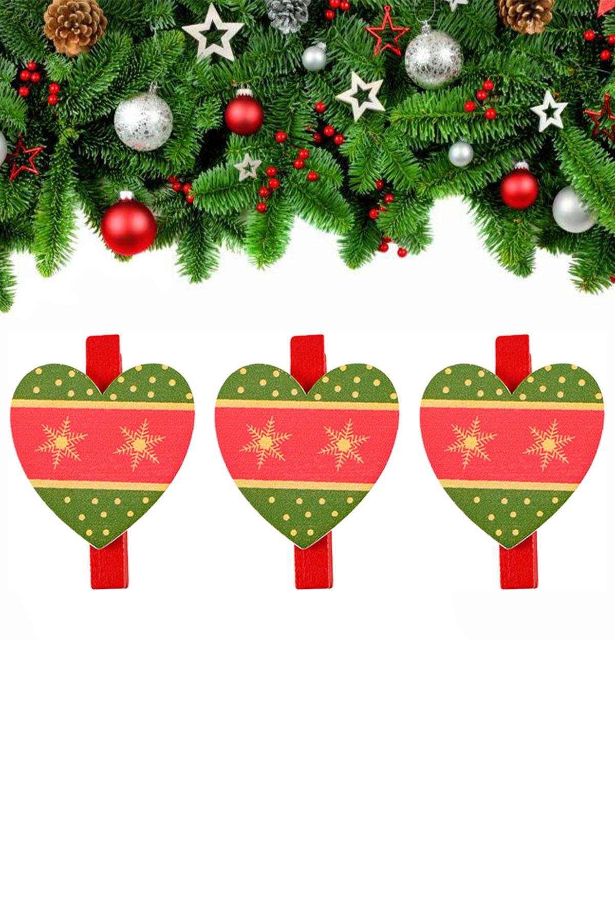 Yılbaşı Kırmızı Motifli Kalp Dekoratif Mandal 6'lı