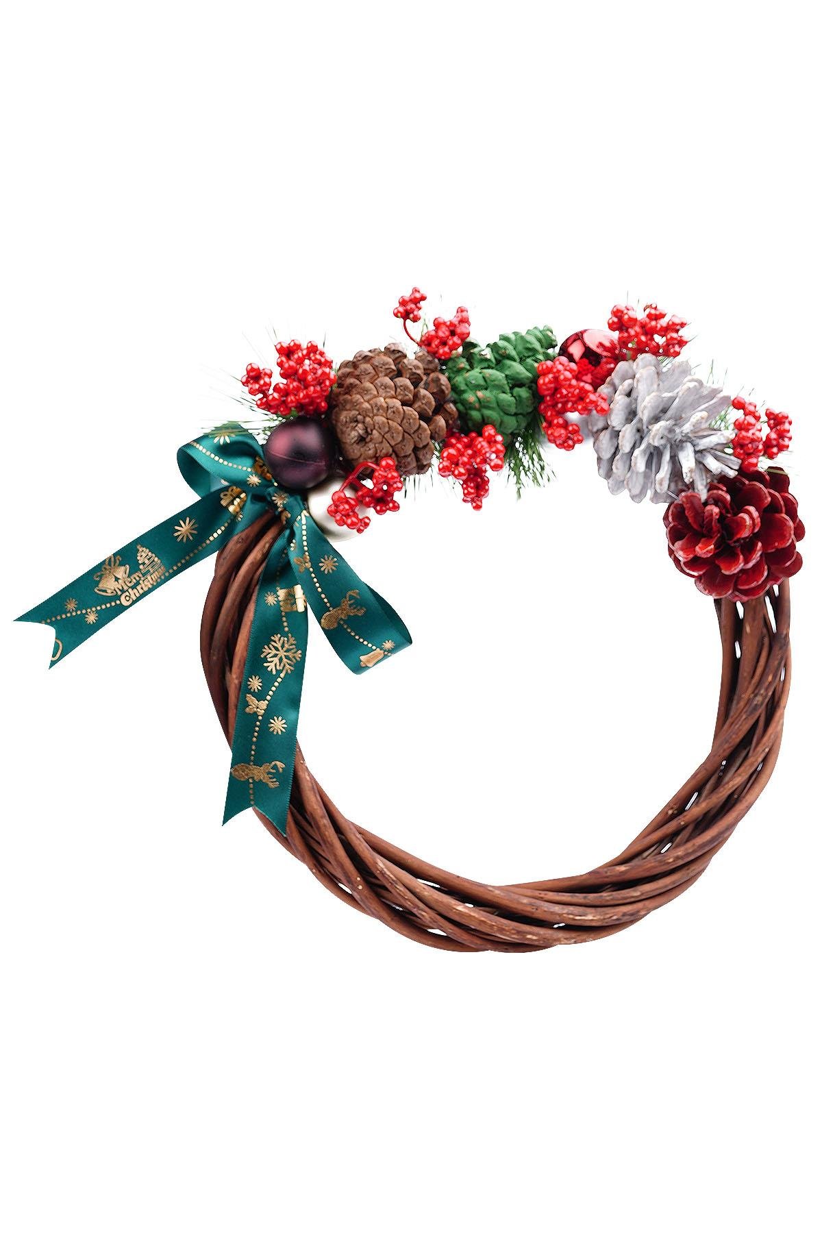 Yılbaşı Kırmızı Naturel Kapı Süsü Çelenk 25 cm