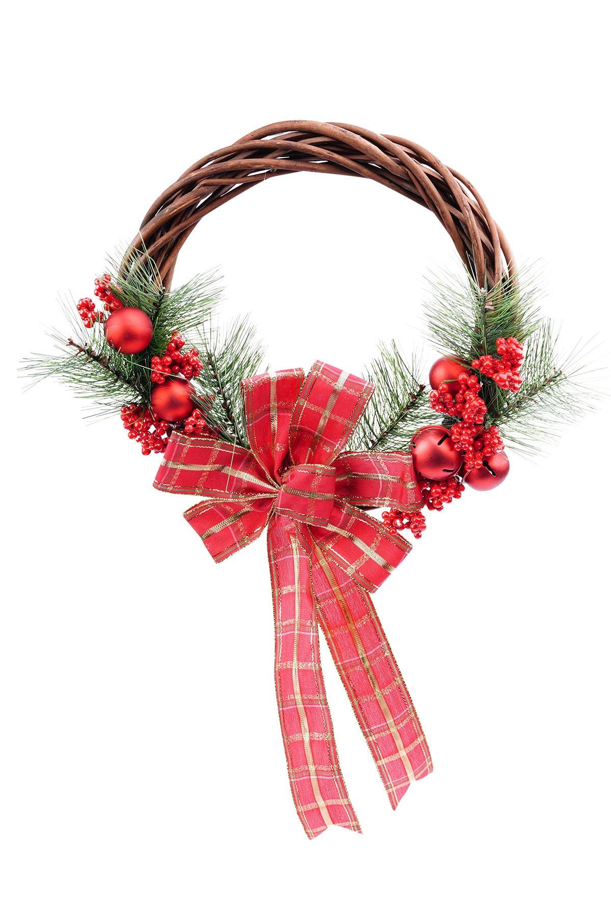 Yılbaşı Kırmızı Naturel Kapı Süsü Çelenk 25 cm