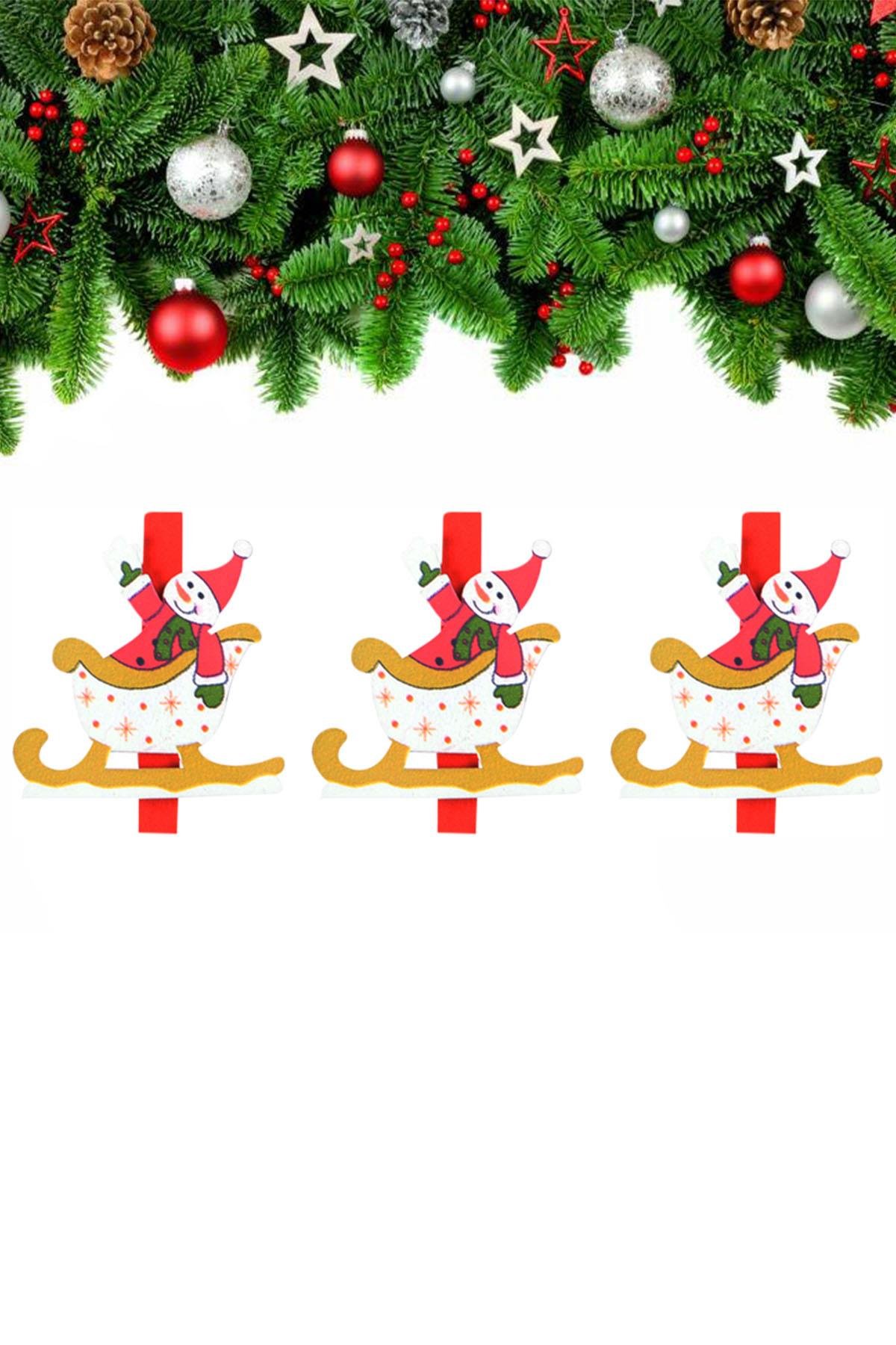 Yılbaşı Kızak Motifli Kardan Adam Dekoratif Mandal 6'lı