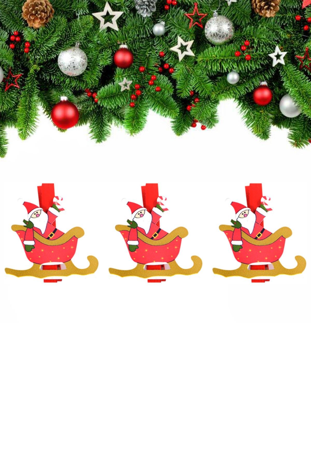 Yılbaşı Kızak Motifli Noel Baba Dekoratif Mandal 6'lı