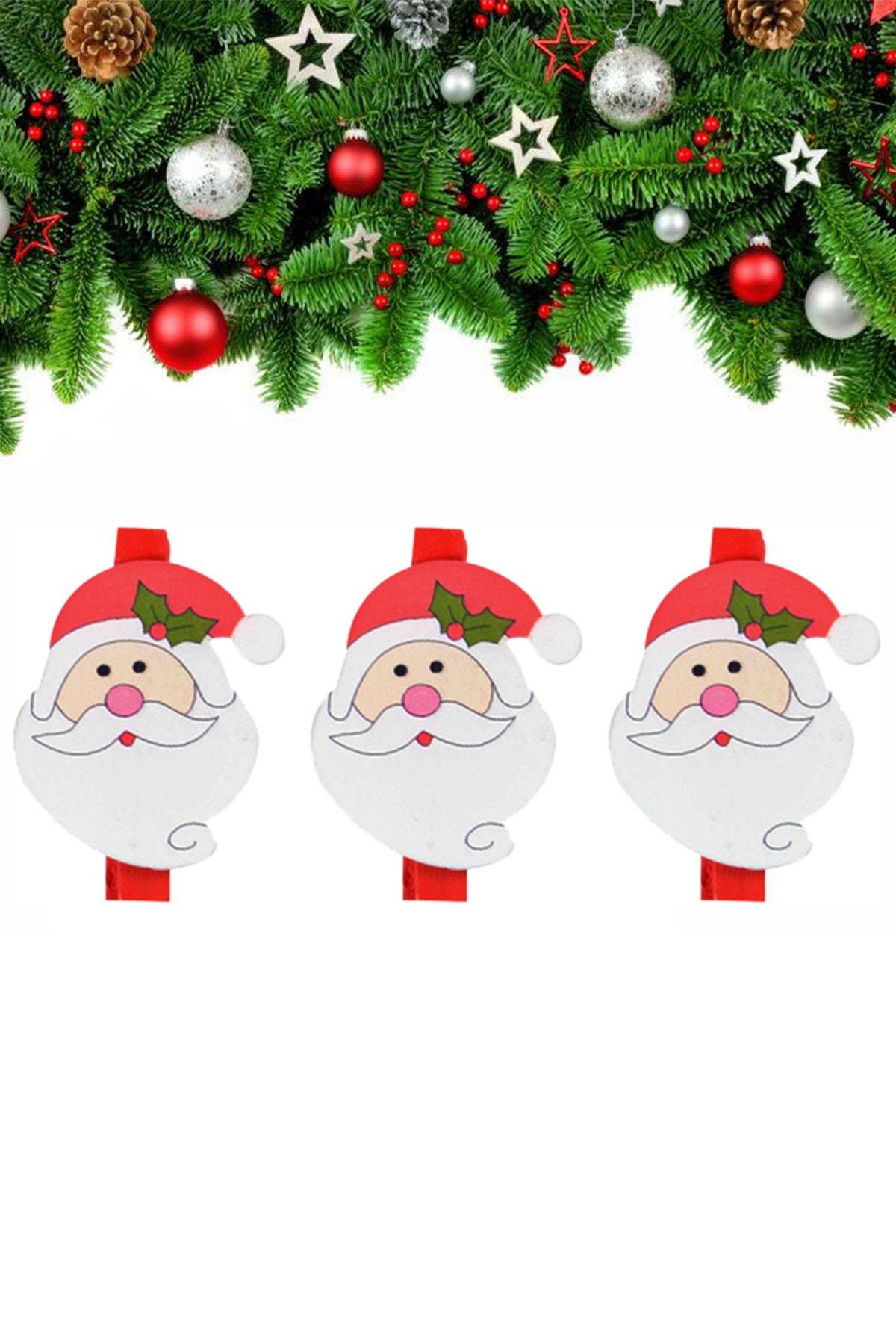 Yılbaşı Noel Baba Desenli Dekoratif Mandal 6'lı
