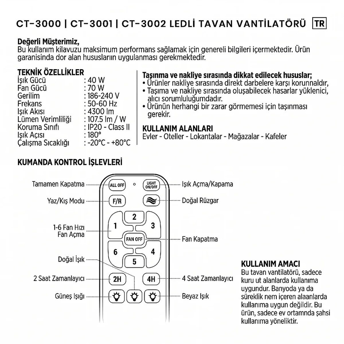 Cata CT-3001 Zürih 40W LED’li Uzaktan Kumandalı 6 Kademeli Siyah Tavan Vantilatörü