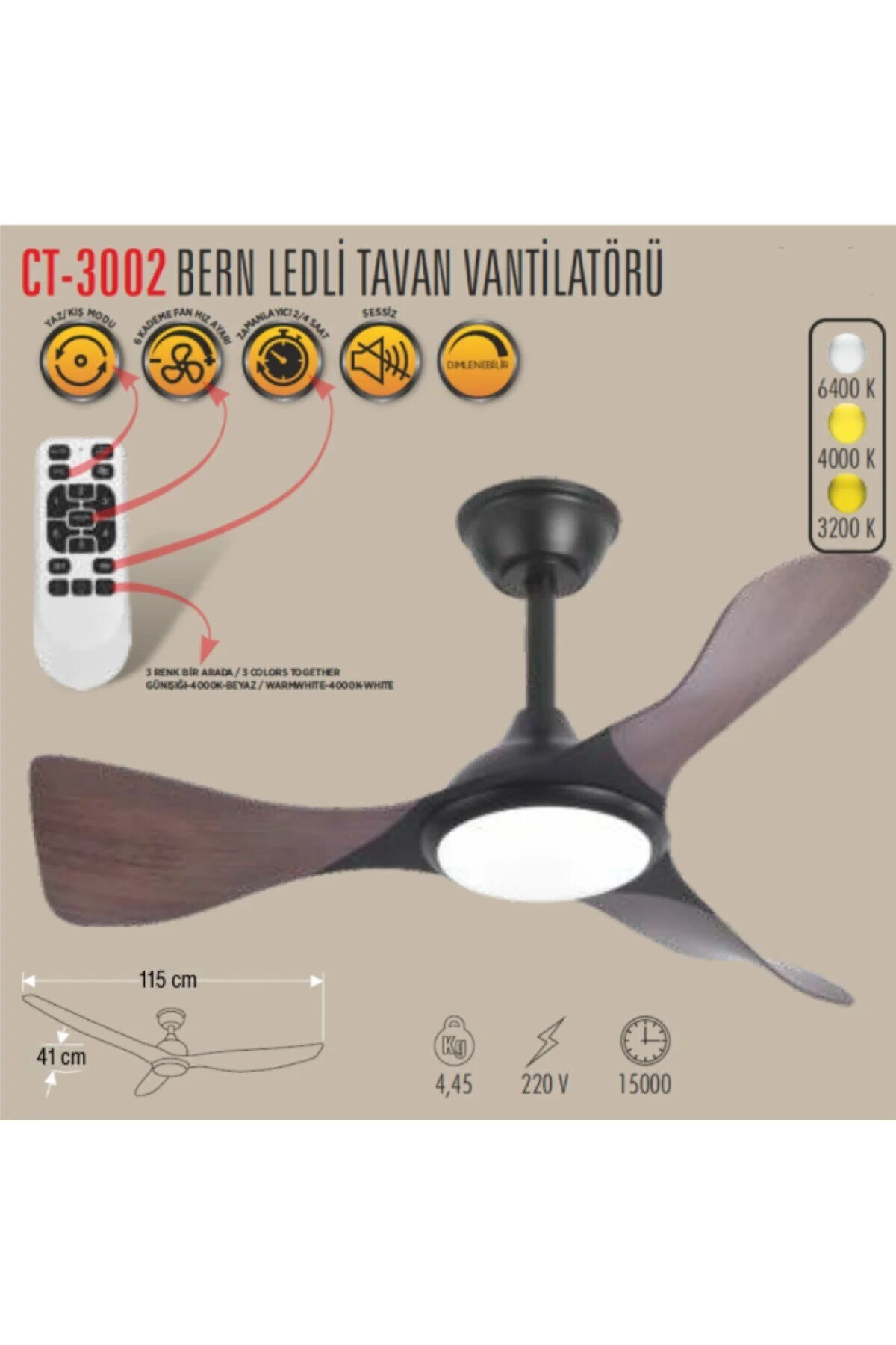 Cata CT-3002 Bern 40W LED’li 6 Hızlı 3 Renk Işıklı Kumandalı Ahşap Görünümlü Tavan Vantilatörü