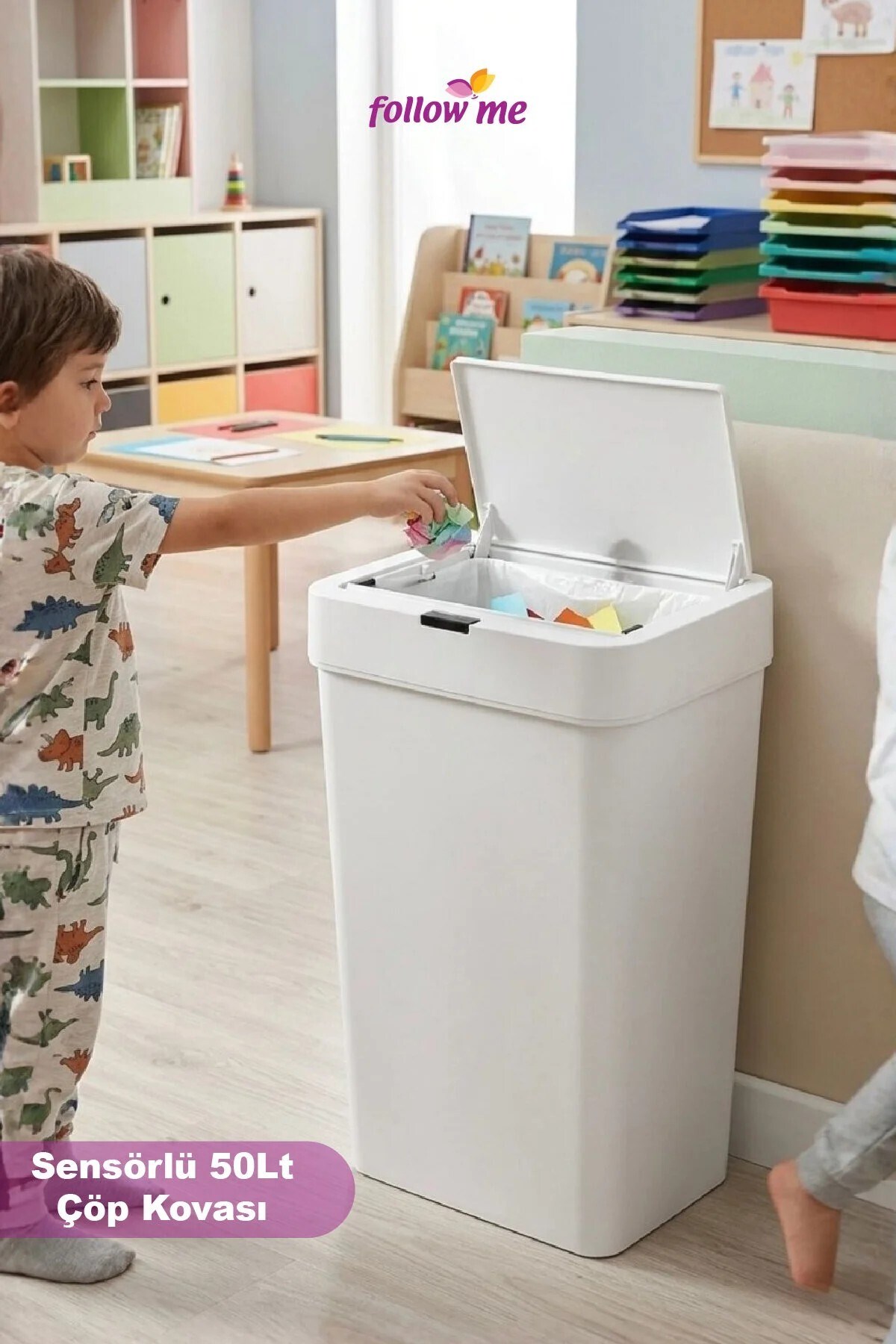 Follow Me Sensörlü Çöp Kovası 50 L Beyaz Temassız Otomatik Kapaklı Plastik Çöp Kutusu