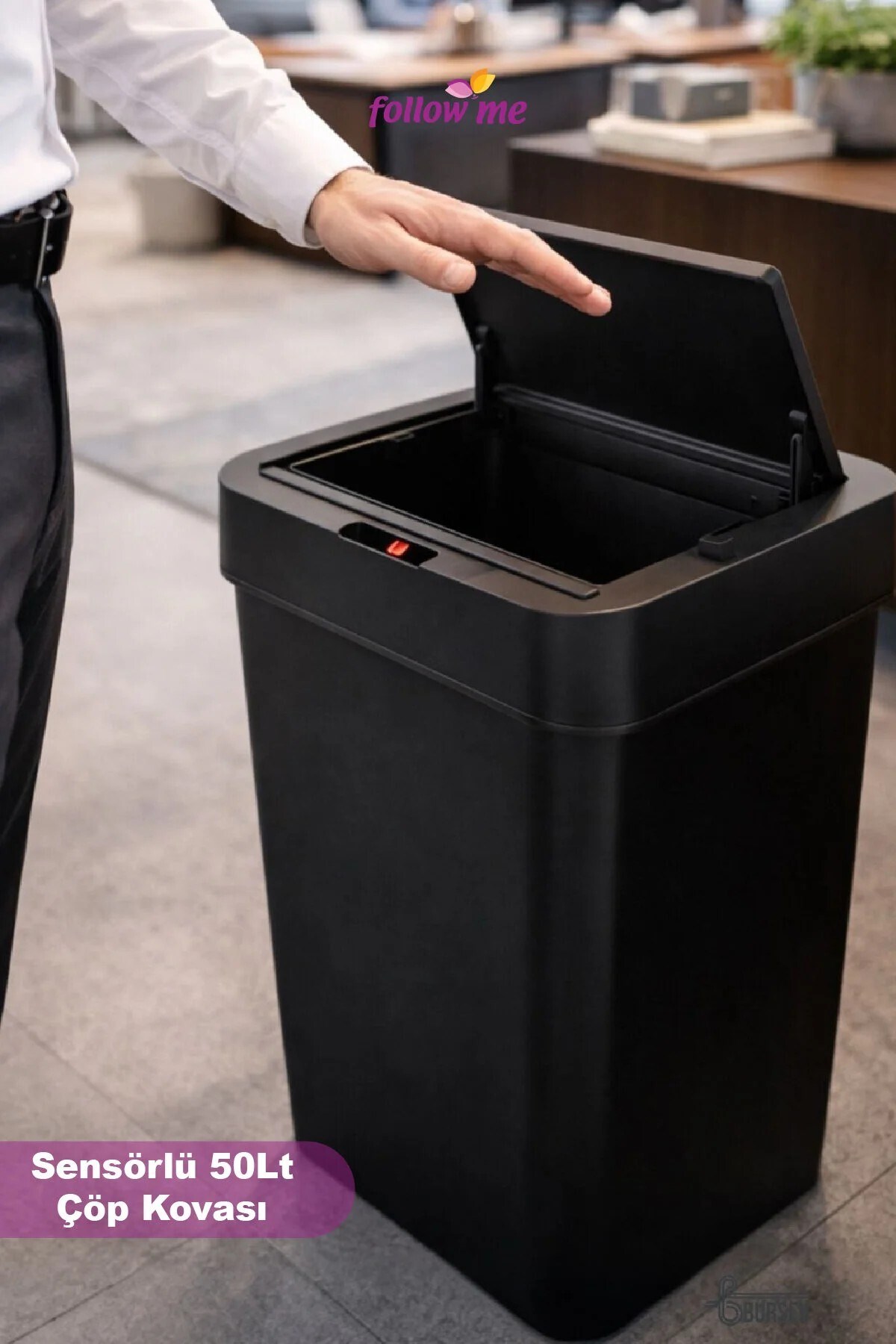Follow Me Sensörlü Çöp Kovası 50 L Siyah Temassız Otomatik Kapaklı Plastik Çöp Kutusu