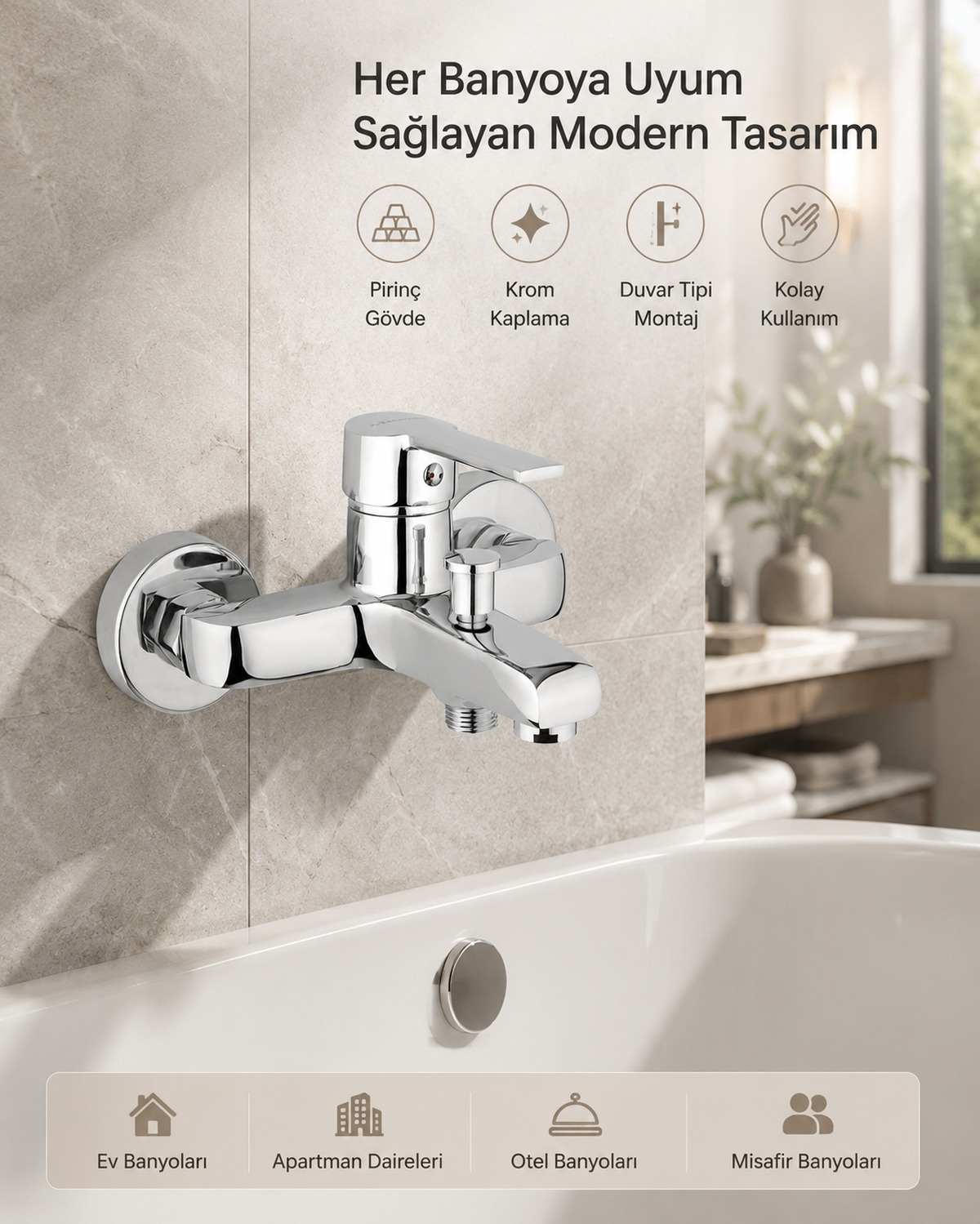 İtimat Kappa 591 Mix Banyo Bataryası Pirinç Gövde Krom Duvar Tipi Armatür