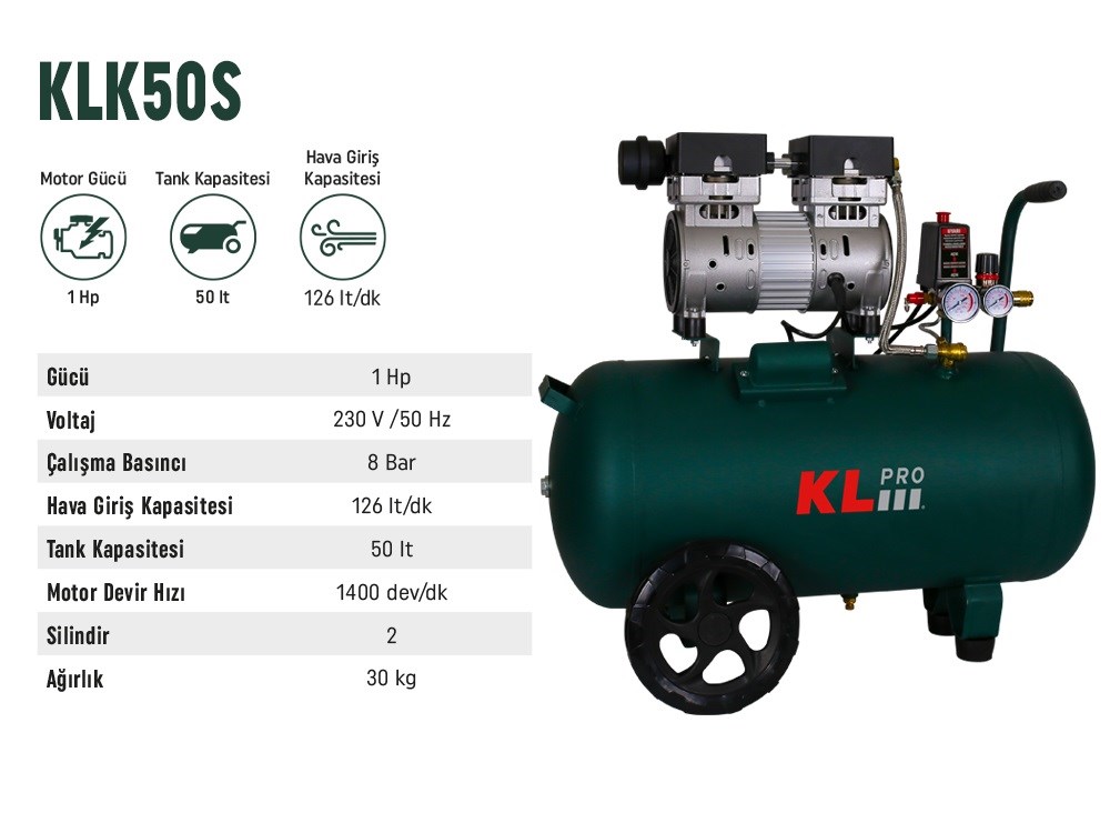 Kl Sessiz Kompresör 50 Lt 1Hp Klk50s