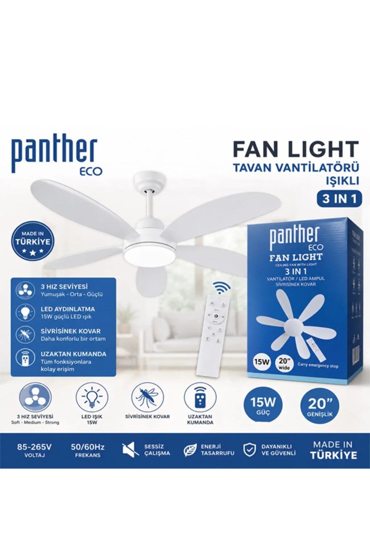 Panther Eco Fan Light 3in1 Kumandalı Led Tavan Vantilatörü 15w, 3 Hızlı, 6 Kanatlı, Beyaz