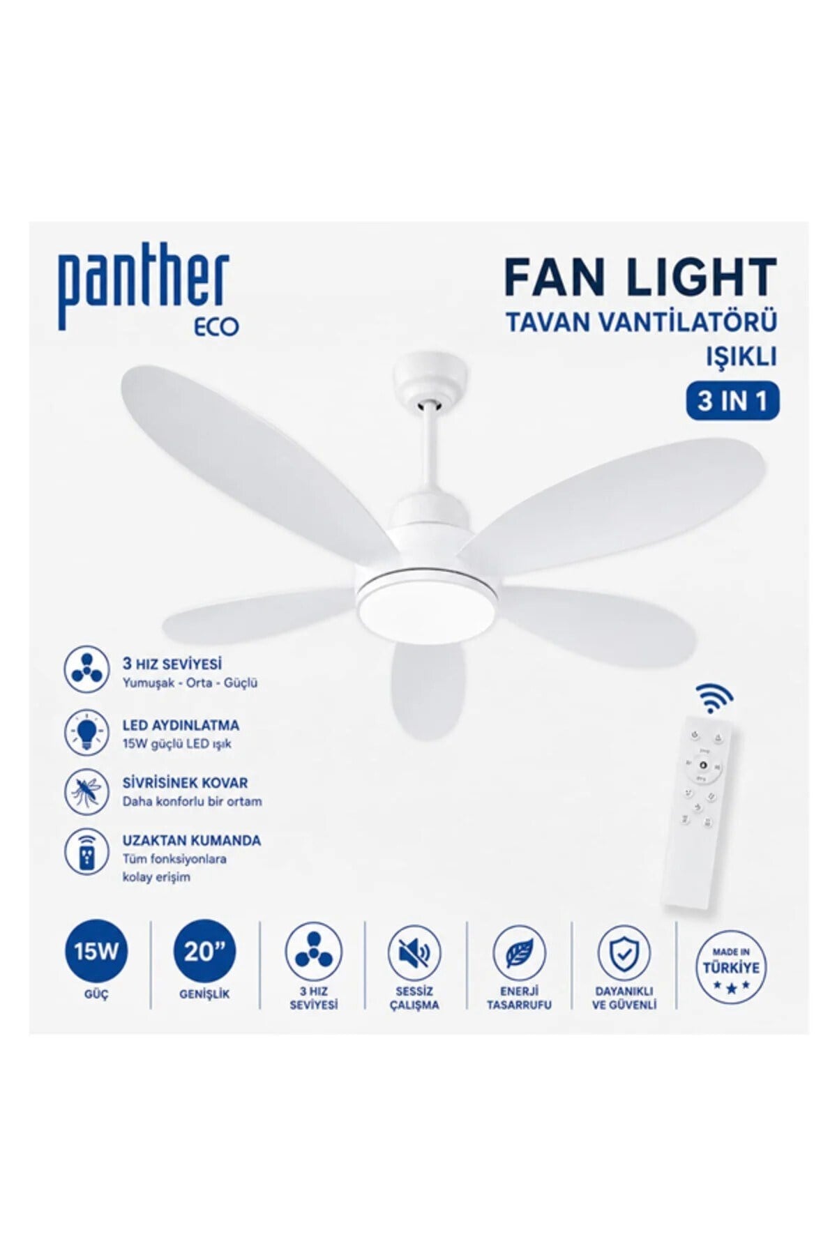 Panther Eco Fan Light 3in1 Kumandalı Led Tavan Vantilatörü 15w, 3 Hızlı, 6 Kanatlı, Beyaz