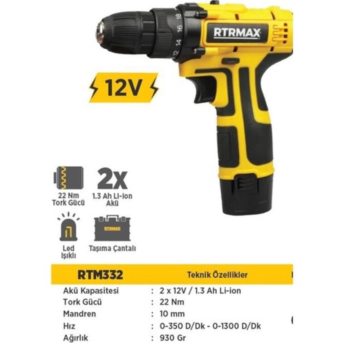 Rtrmax Şarjlı Matkap Lı-on 12V/1,5A Çift Akülü Rtm 332