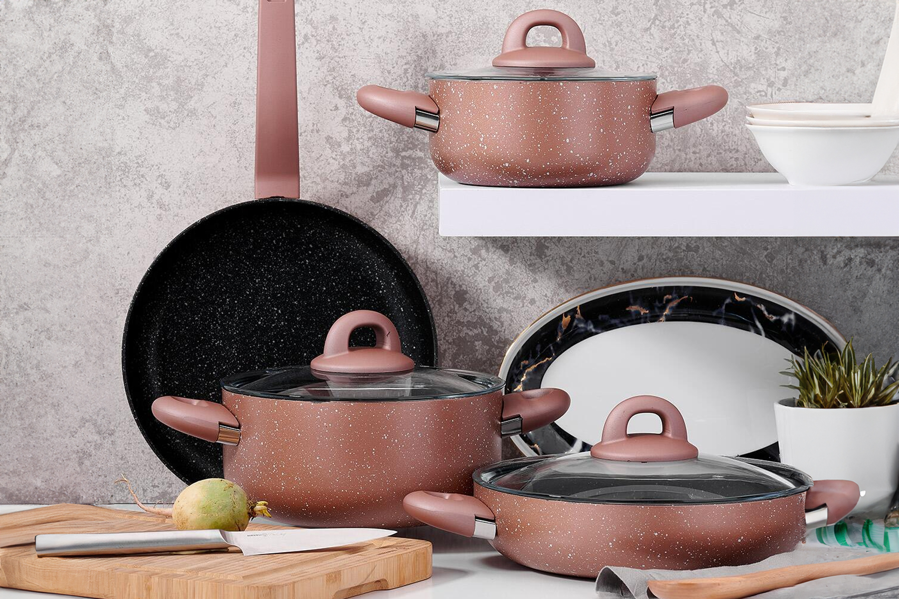 KORKMAZ A2894 BELLA GRANIT 7 PARCA TENCERE SETI ROSEGOLD