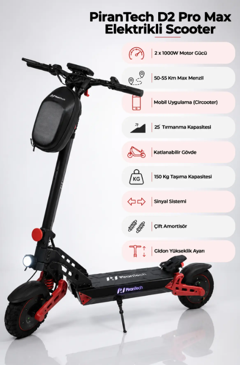 PIRANTECH D2PRO MAX KIRMIZI (İ.M.) ELEKKTRIKLI SCOOTER