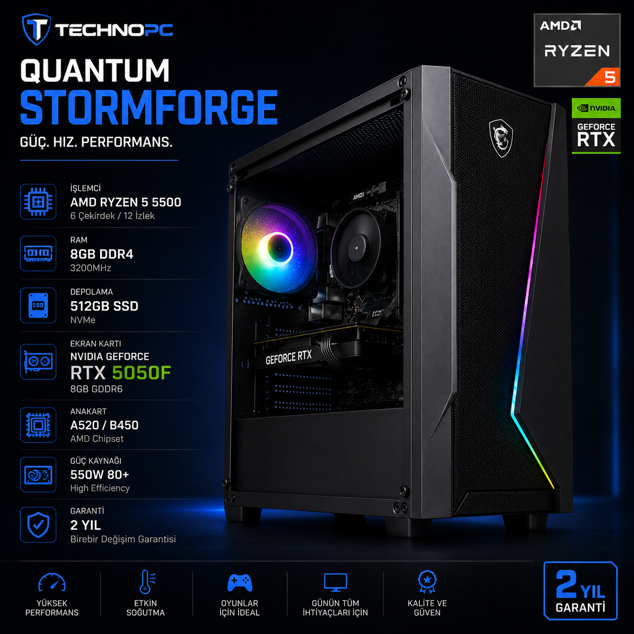 TECHNOPC QUANTUM STORMFORGE RYZEN 5 5500 8GB/DDR4/512GB RTX5050F KASA