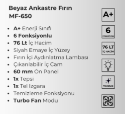 WOOX MF-650 BEYAZ TURBO 6 PROGRAMLI ANKASTRE FIRIN