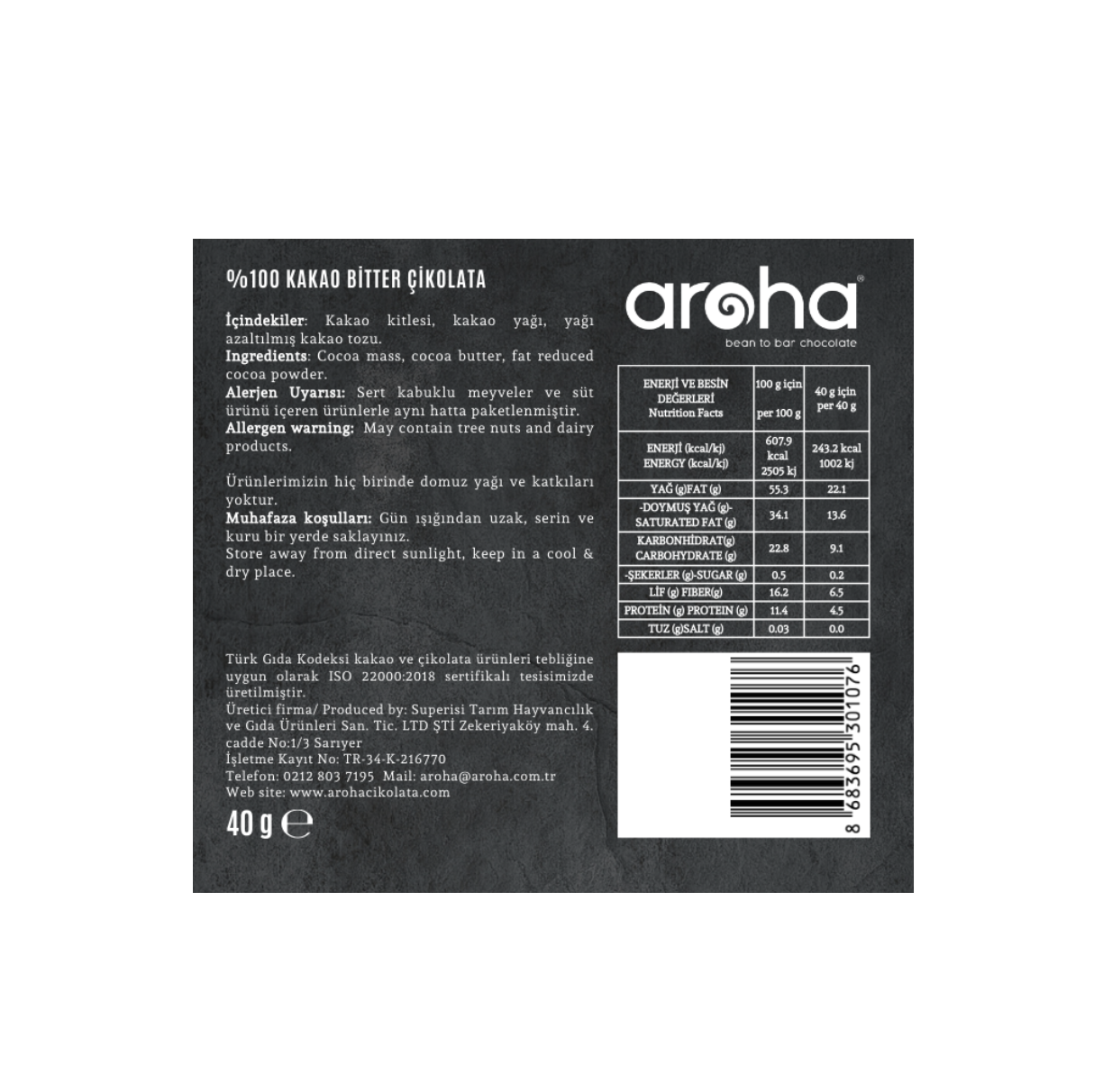 Aroha Şekersiz %100 Kakao Bitter Çikolata 40gr