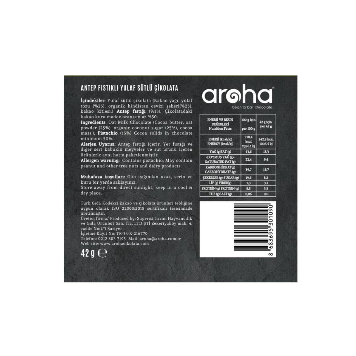 Aroha Şekersiz Antep Fıstıklı Yulaf Sütlü Çikolata 42gr