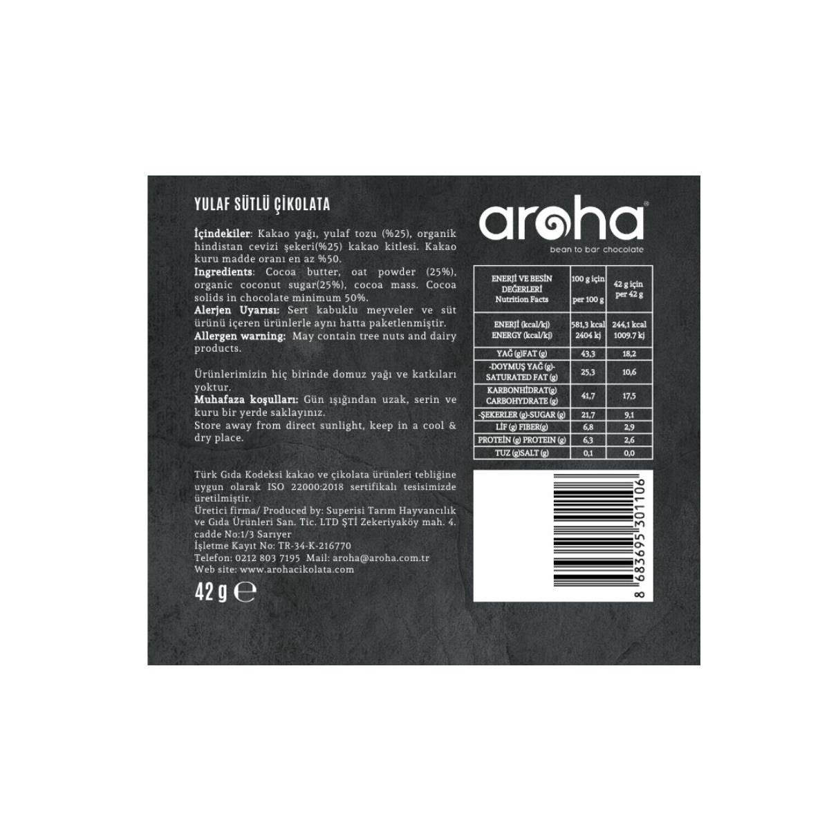 Aroha Şekersiz Yulaf Sütlü Çikolata 42gr