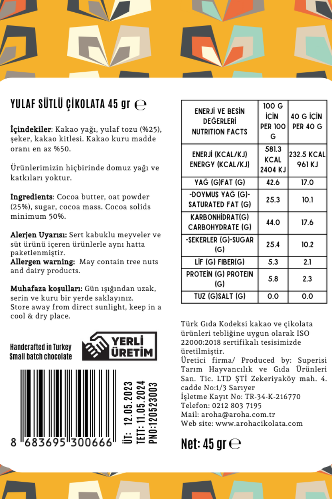 Aroha Yulaf Sütlü Çikolata 45gr