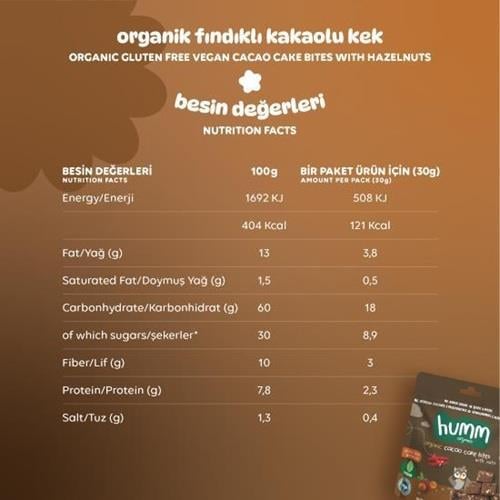 Organik Glutensiz Vegan Kakaolu ve Fındıklı Kek 30gr