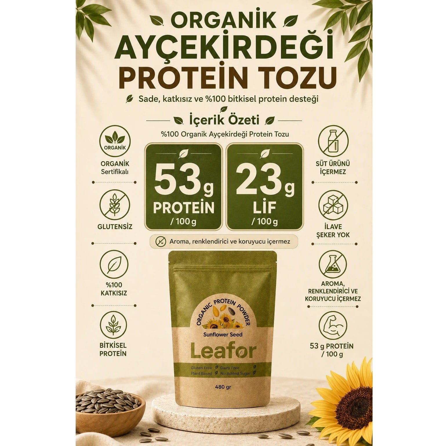 Leafor Organik Ayçekirdeği Protein Tozu 480gr
