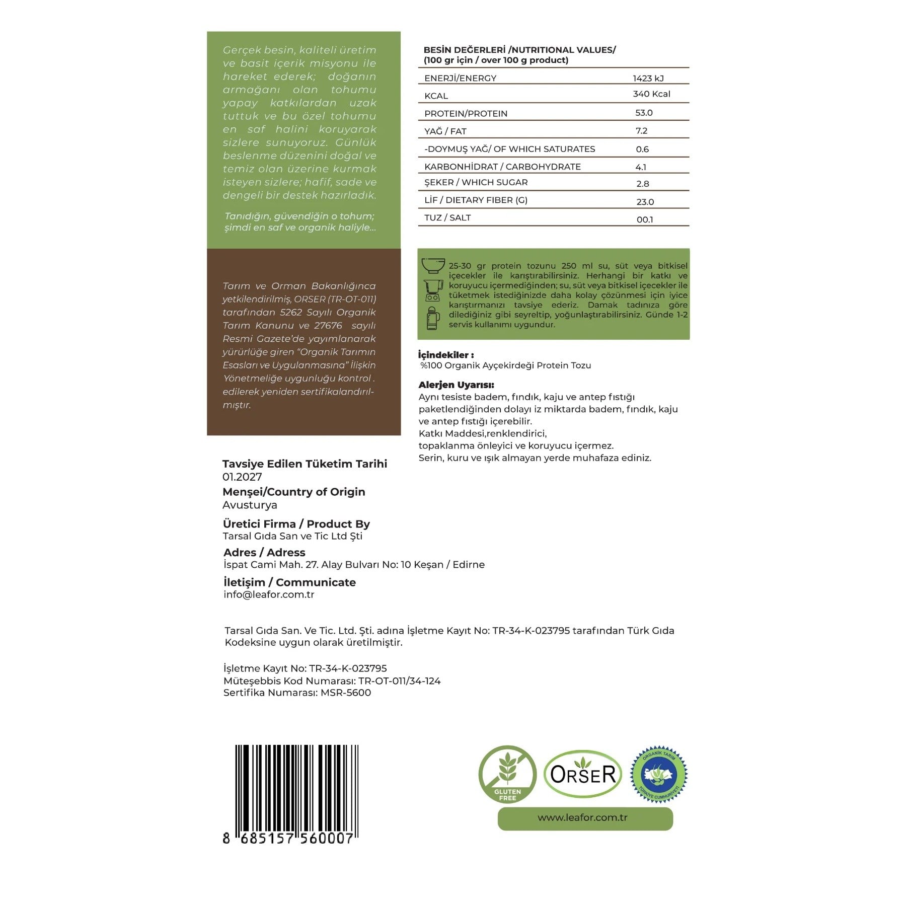 Leafor Organik Ayçekirdeği Protein Tozu 480gr
