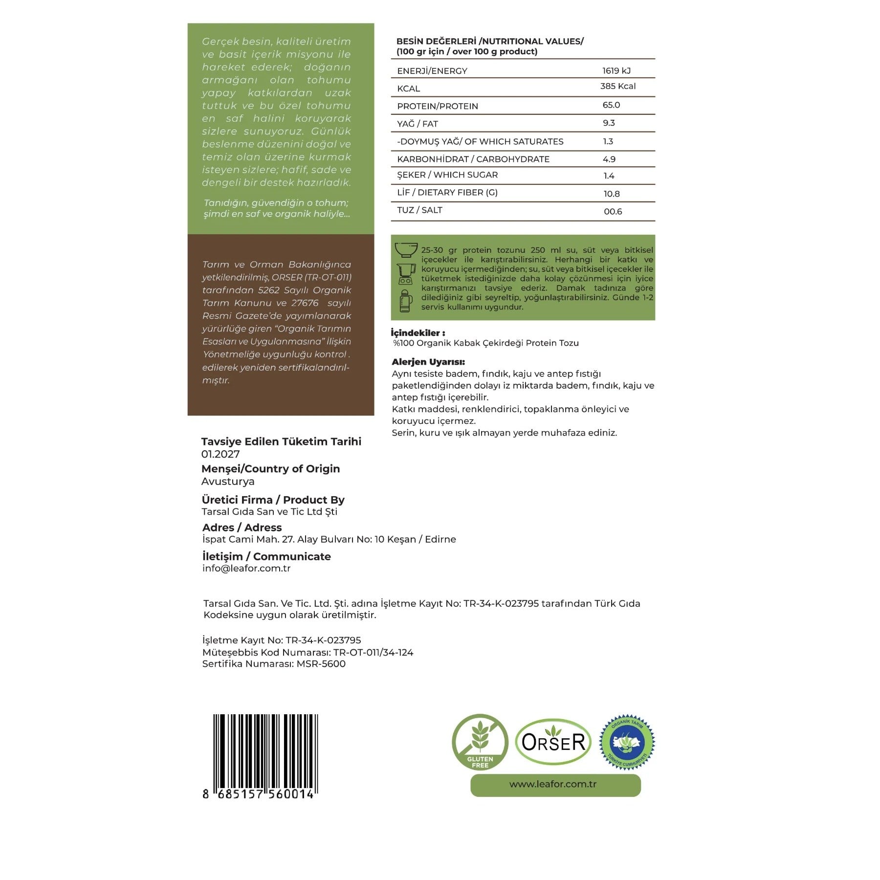 Leafor Organik Kabak Çekirdeği Protein Tozu 480gr