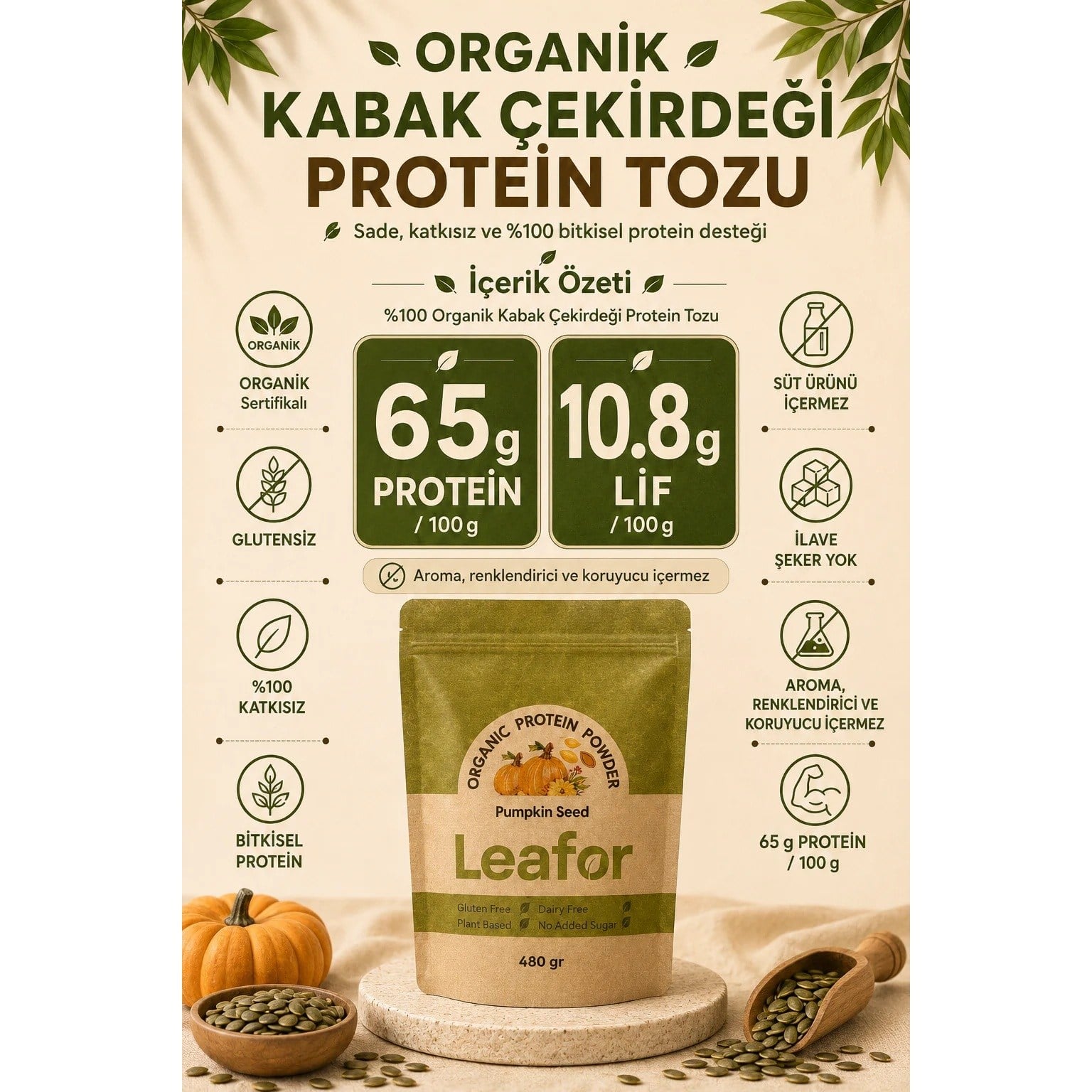 Leafor Organik Kabak Çekirdeği Protein Tozu 480gr