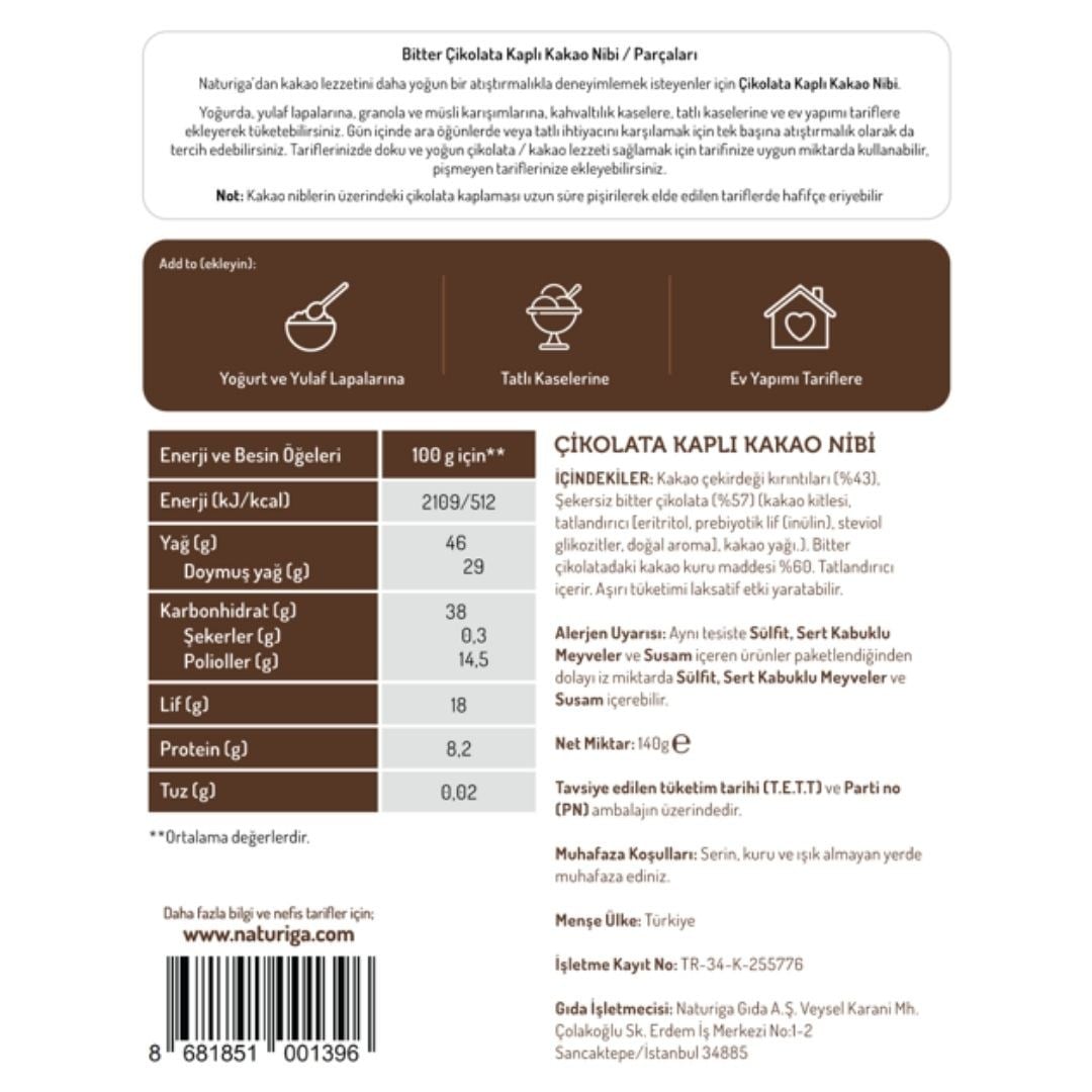 Naturiga Bitter Çikolata Kaplı Kakao Parçaları(Nibs) 140gr