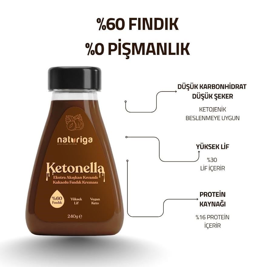 Naturiga Ketonella 240gr - Akışkan Kıvamlı Kakaolu Fındık Kreması